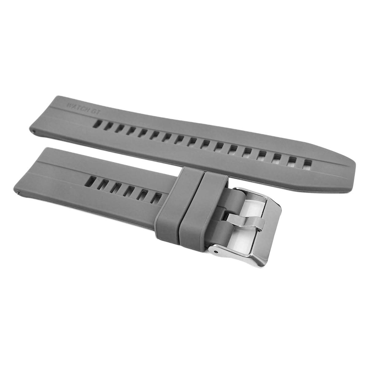 Graue Uhrenarmbänder mit silberner Schnalle und gestanzten Löchern.