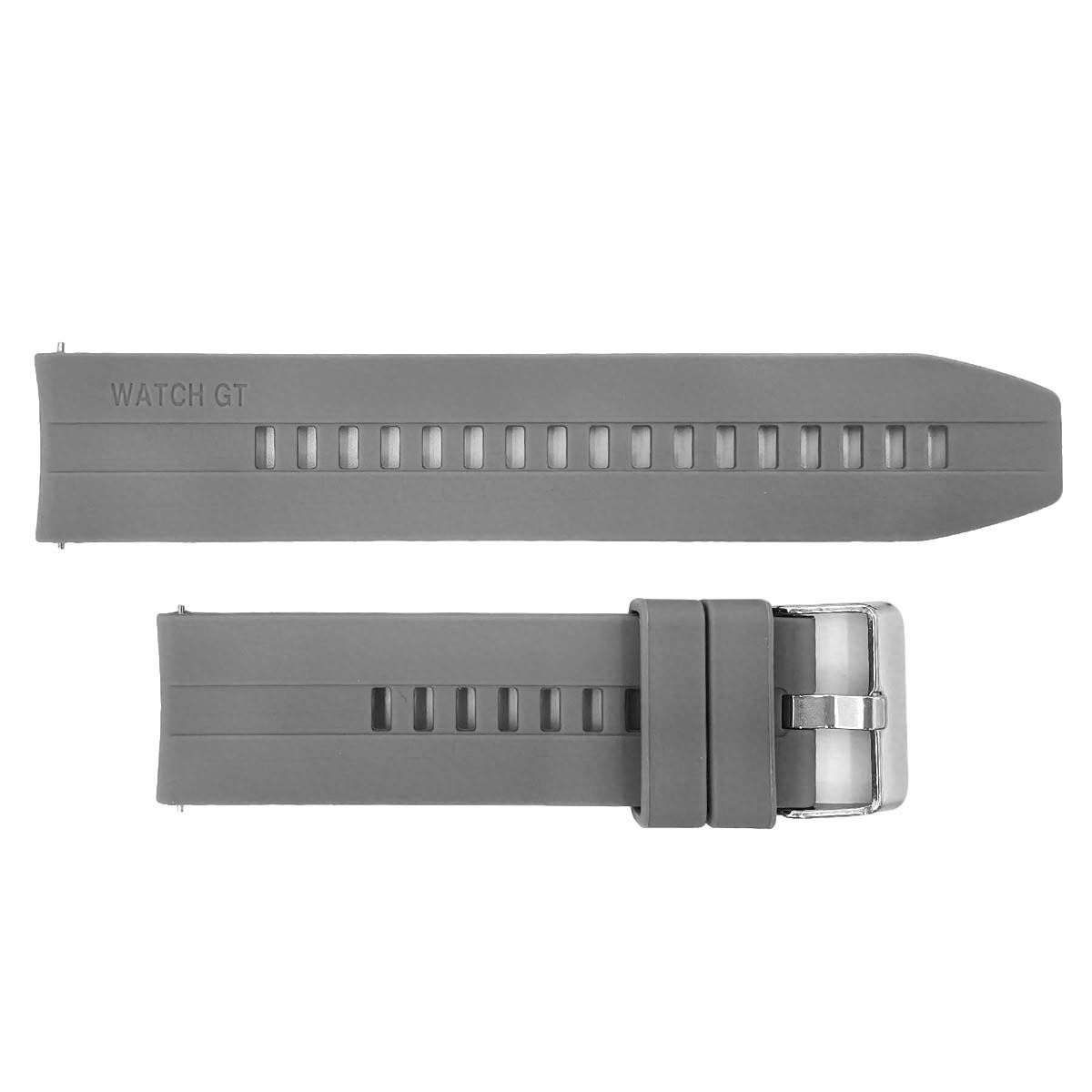 Graues Armband mit silberner Schnalle und Prägung.