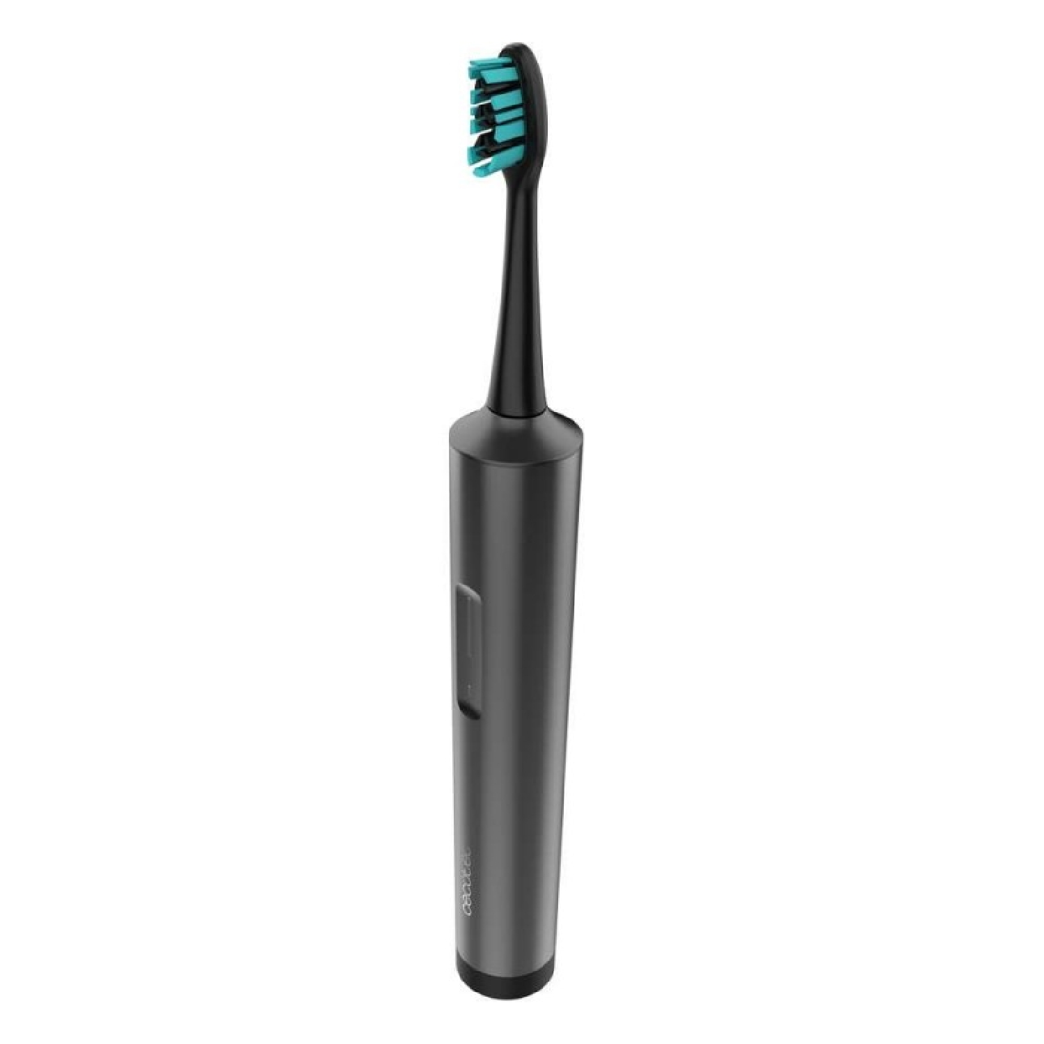 Cepillo de dientes eléctrico gris oscuro con cerdas turquesas.