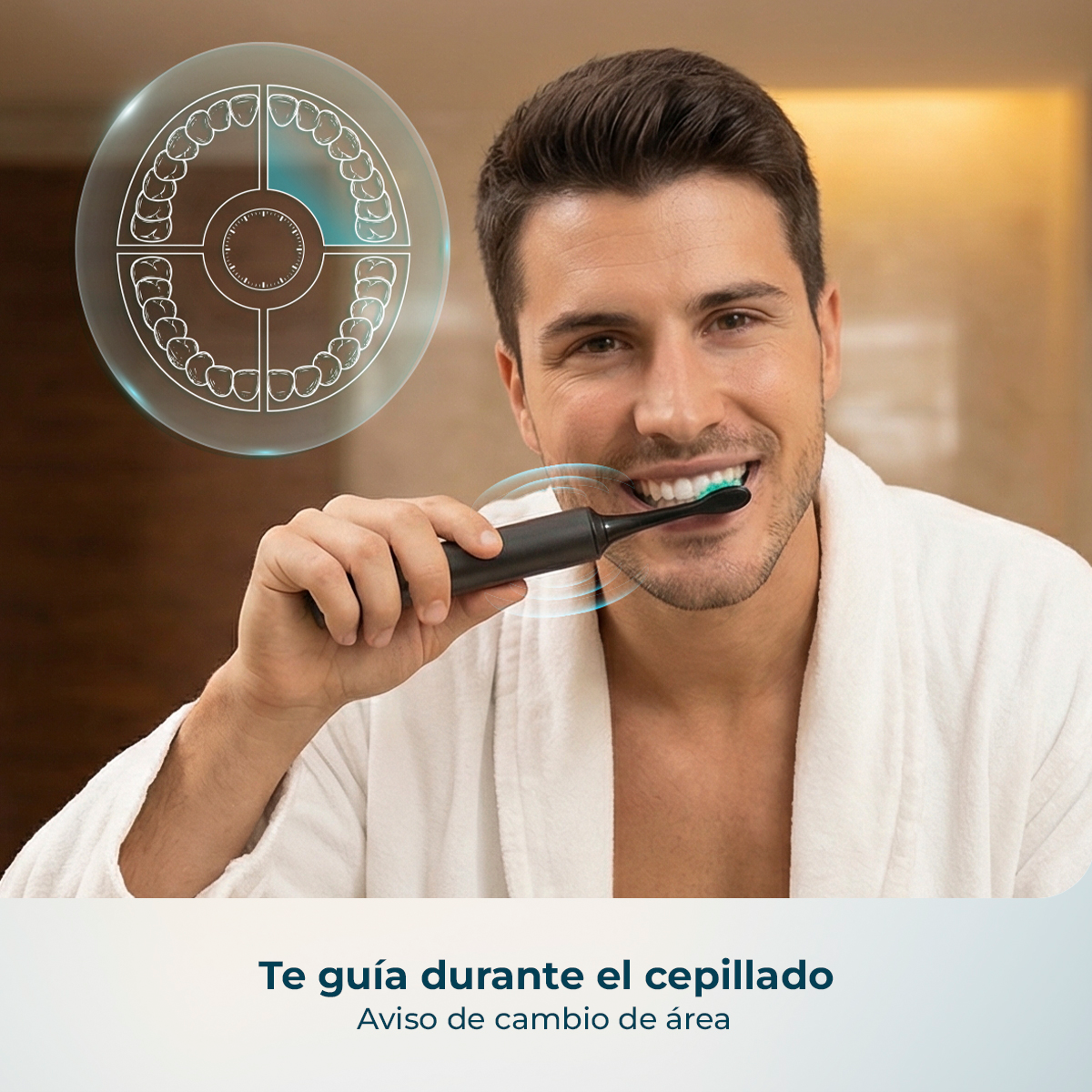 Uomo si lava i denti con spazzolino elettrico, sovrapposizione dentale.