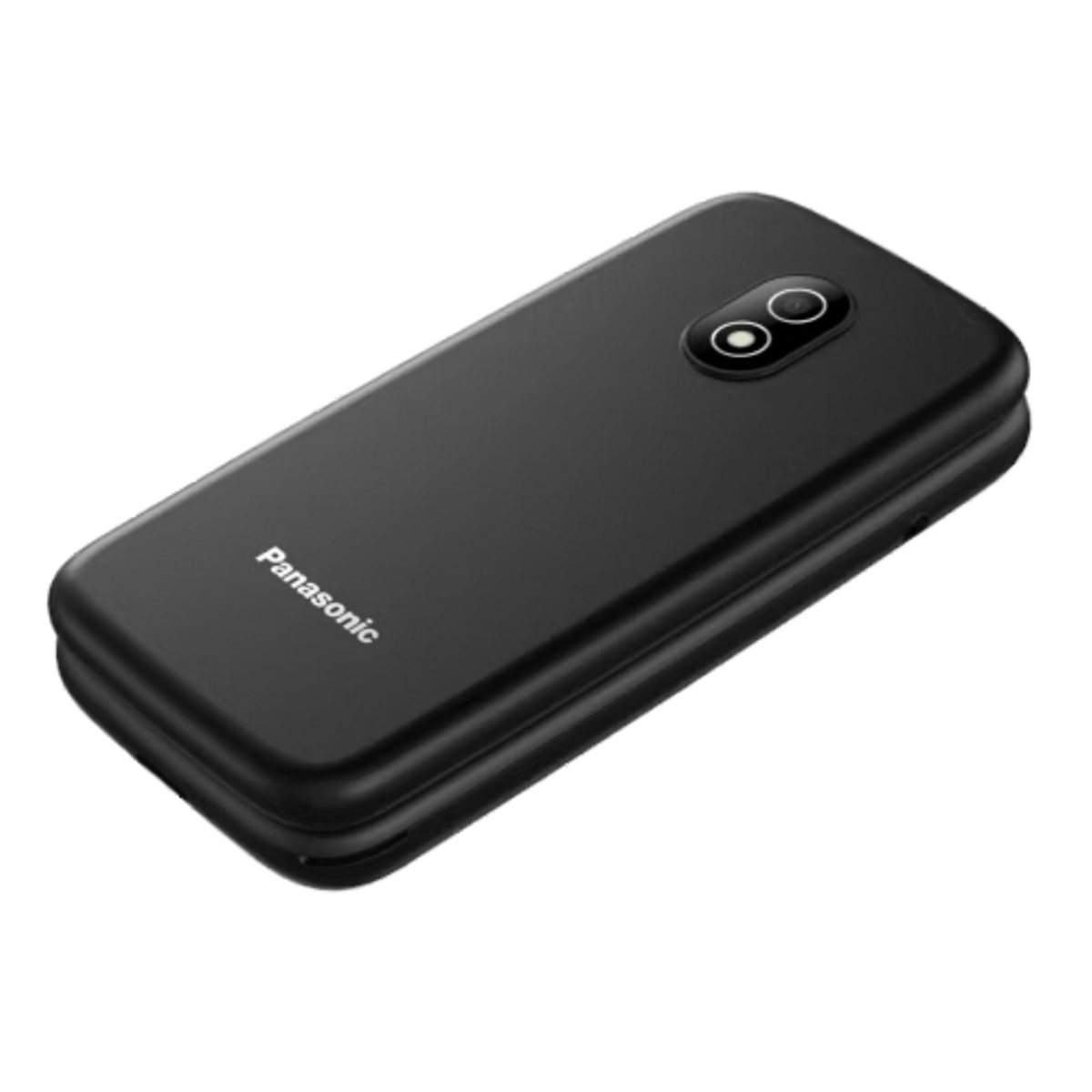 Telefono flip Panasonic nero con doppia lente sulla cover posteriore.