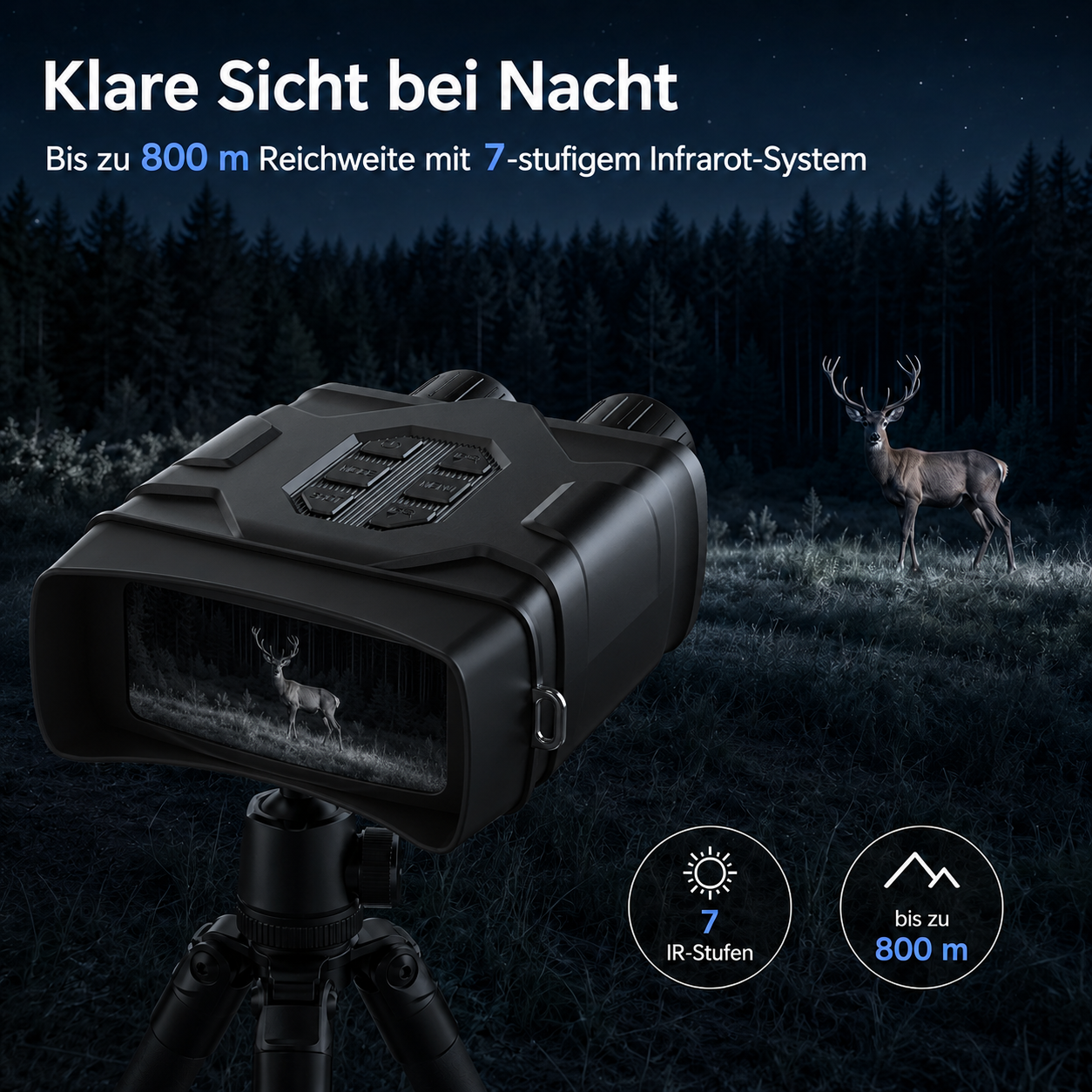 Nachtsichtgerät auf Stativ mit Hirsch im Display & Freiland. Wald im Hintergrund.