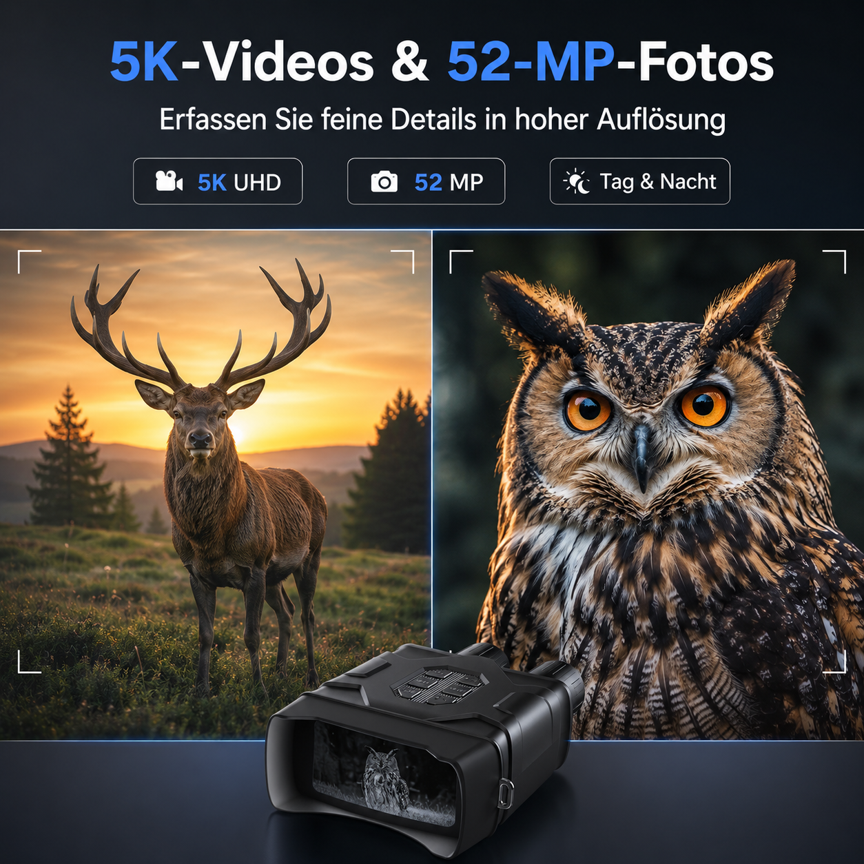 Fernglas zeigt Hirsch und Eule; 5K UHD, 52 MP, Tag & Nacht.
