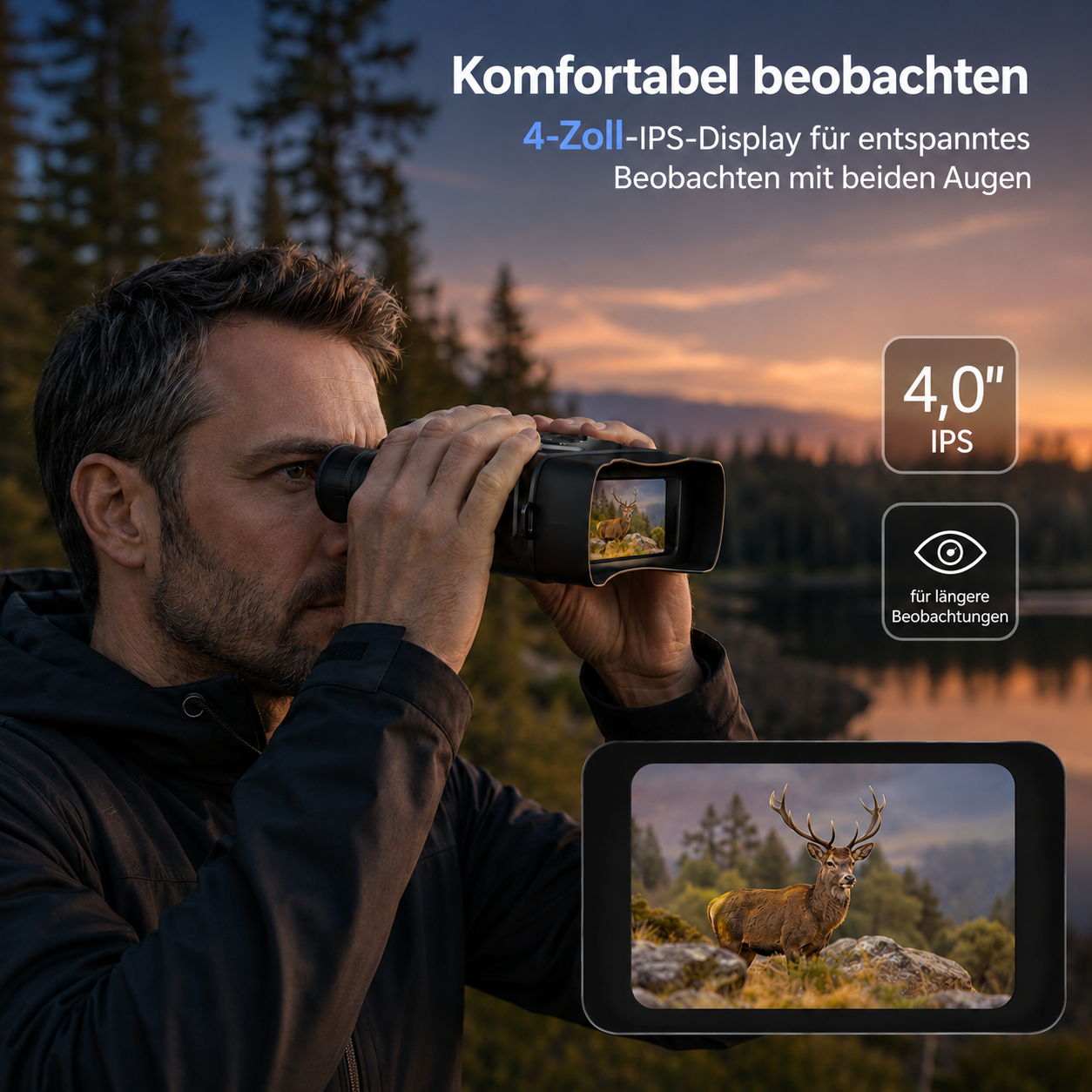 Mann blickt durch Fernglas auf Hirsch. 4 Zoll IPS Display.