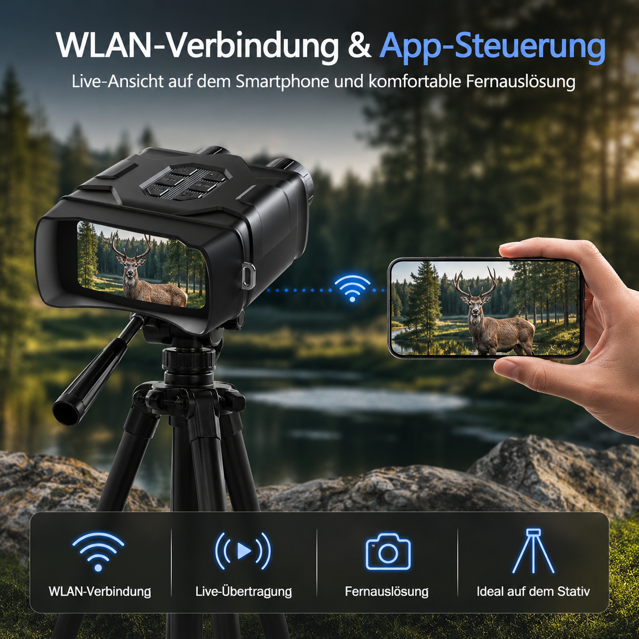 Ein Fernglas zeigt ein Reh. Ein Smartphone zeigt dasselbe Reh. WLAN-Symbol.