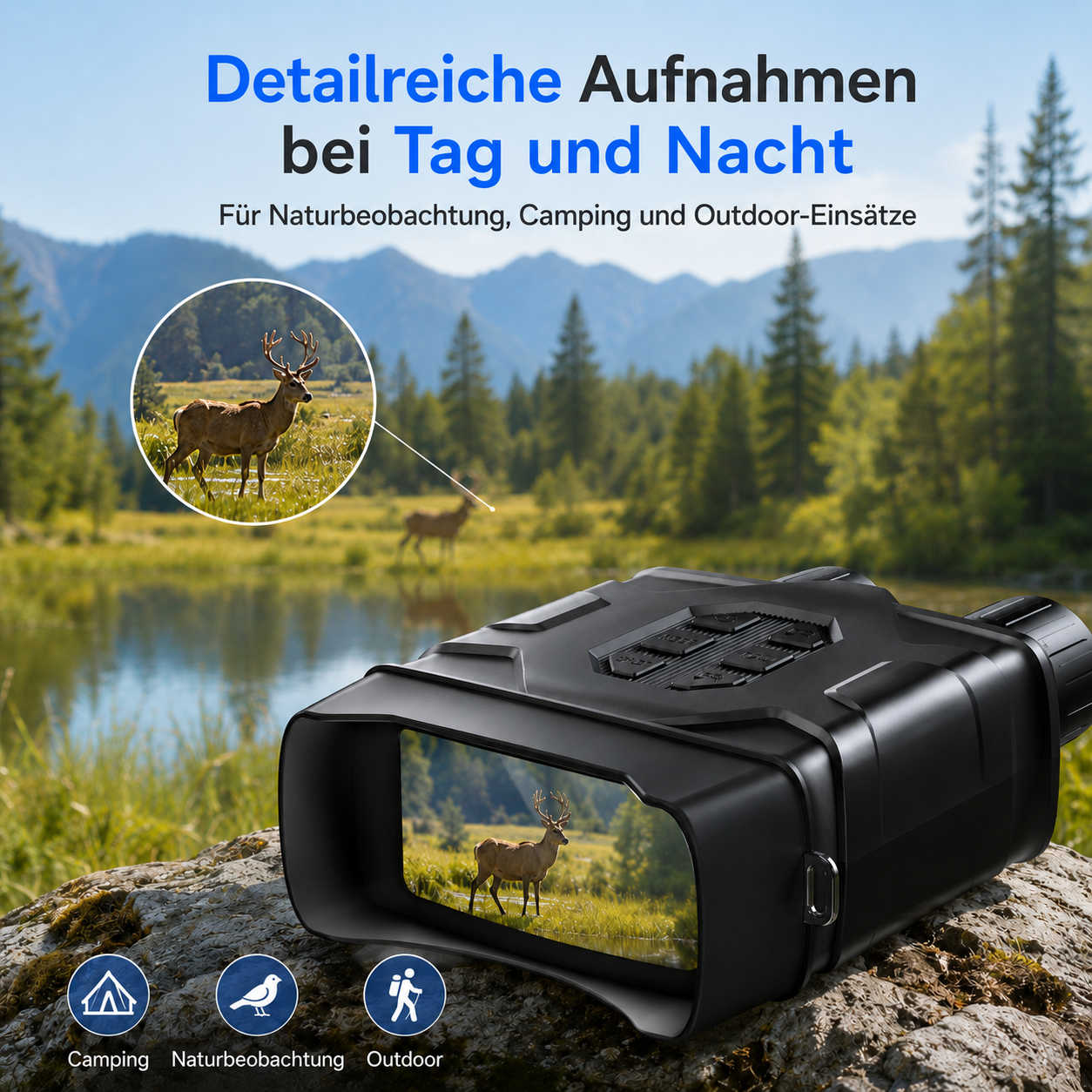 Nachtsichtgerät zeigt Hirsch in bewaldeter Landschaft mit See.