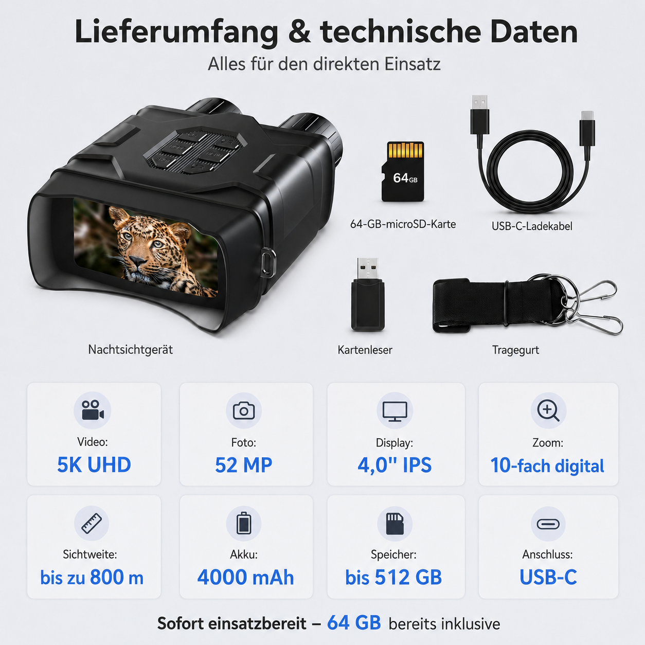 Nachtsichtgerät mit Zubehör: SD-Karte, Kabel, Kartenleser, Tragegurt. Technische Daten aufgeführt.