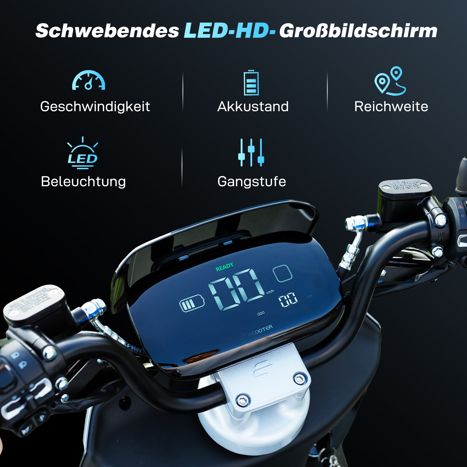Elektroroller-Display mit Geschwindigkeit, Akku, Reichweite, Beleuchtung, Gang.