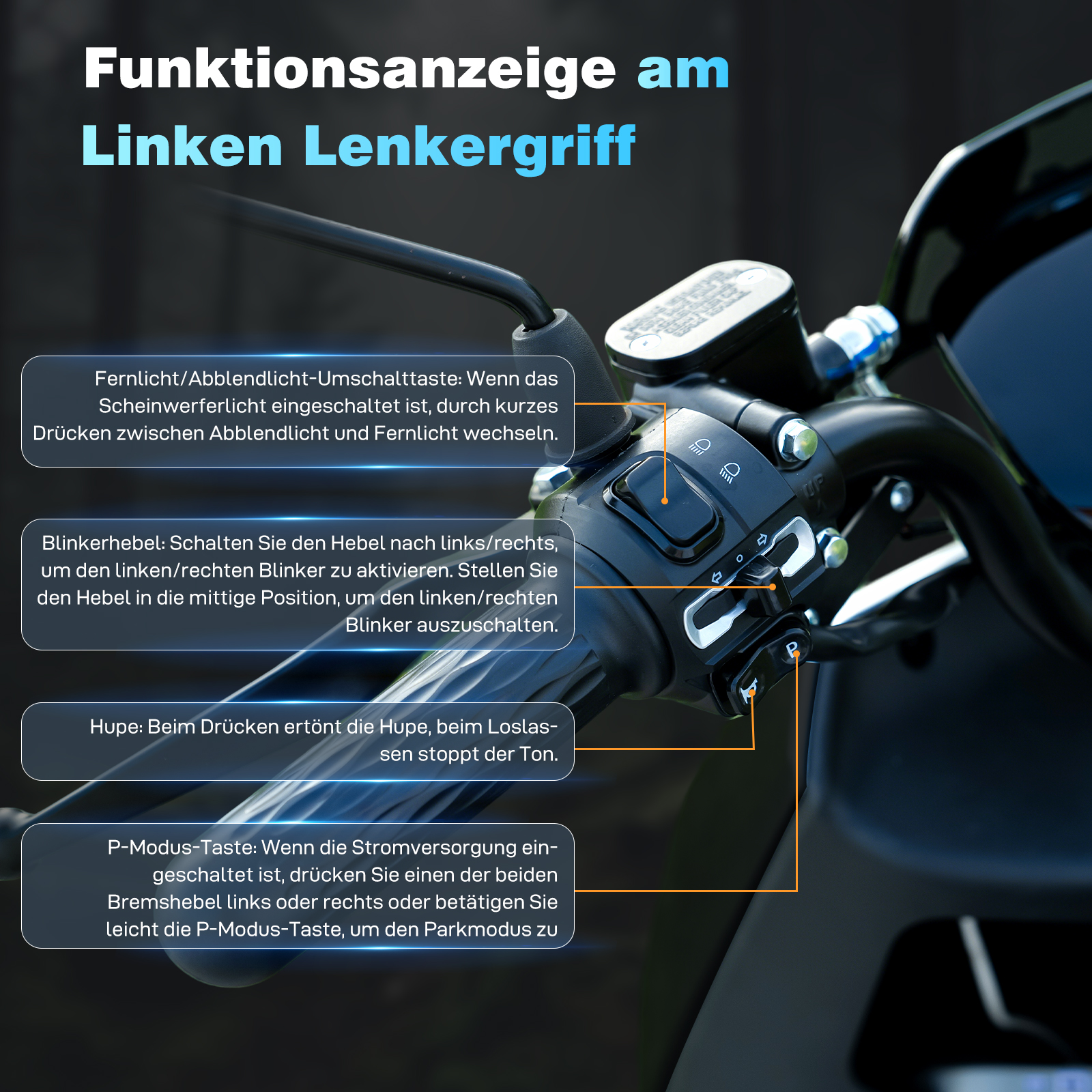 Nahaufnahme des linken Lenkergriffs eines E-Scooters mit Bedienknöpfen.