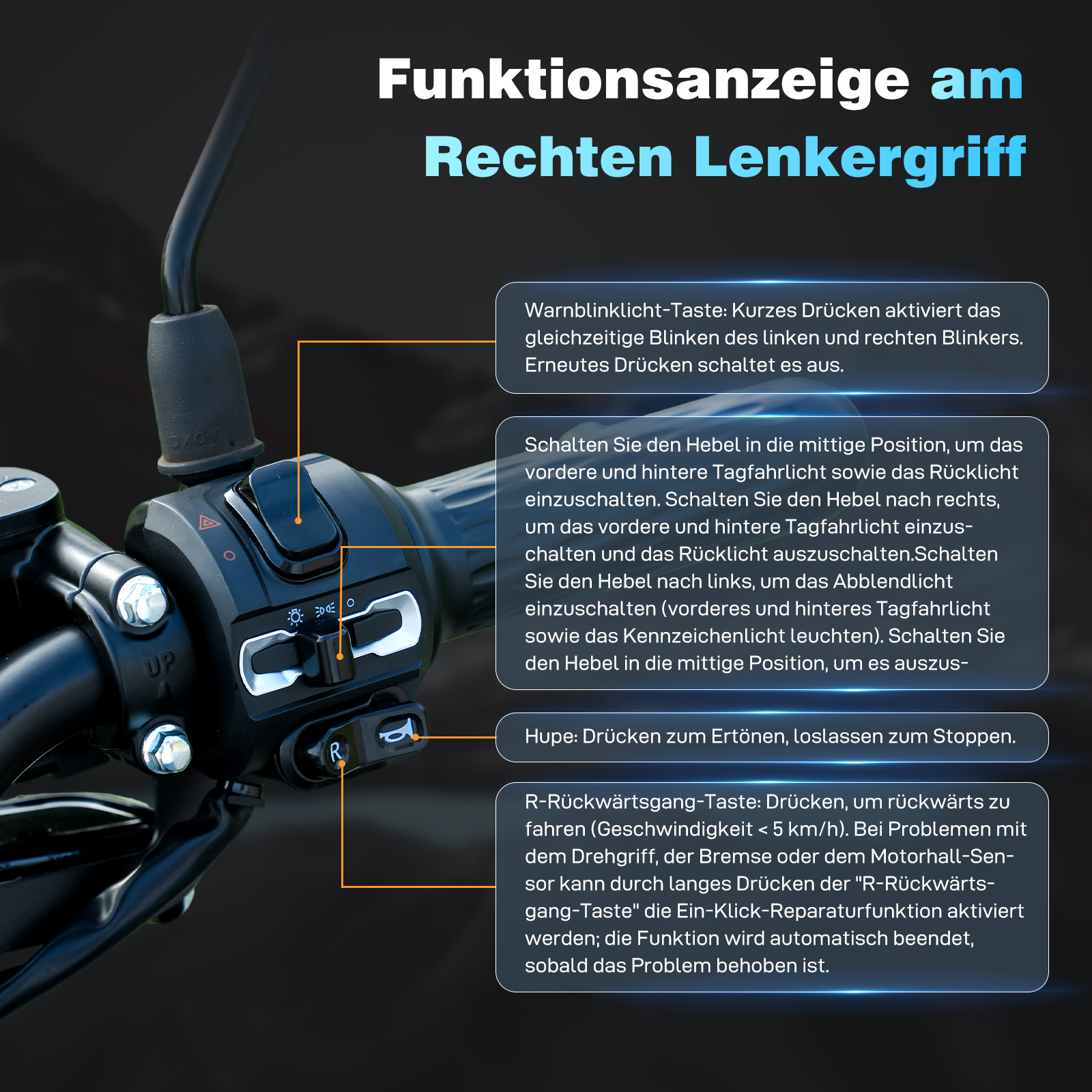 Bedienfeld am rechten Lenkergriff mit Tasten für Blinker, Licht, Hupe und Rückwärtsgang.