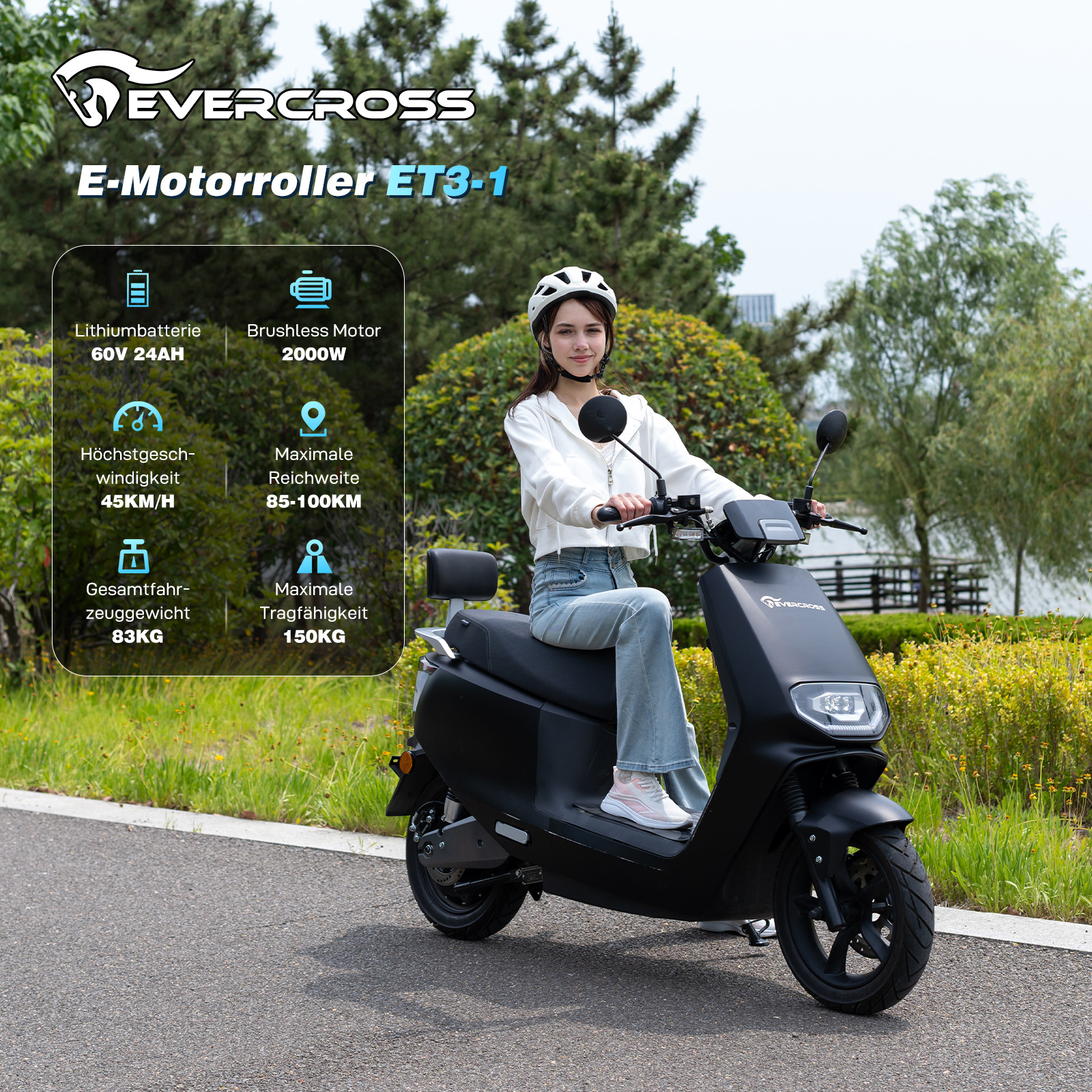 Eine Frau fährt einen schwarzen E-Motorroller mit Helm. Spezifikationen sind auf der linken Seite.