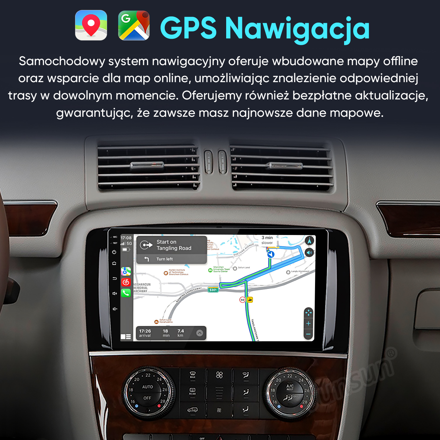 System nawigacji samochodowej z mapami offline i online. Wyświetla trasę.