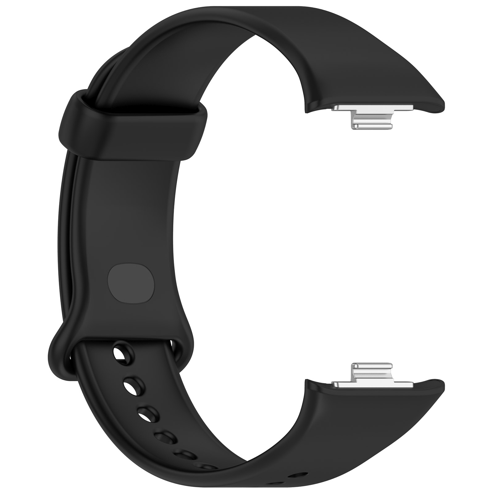 Schwarzes Uhrenarmband mit silbernen Verbindungsstücken und Lochmuster.