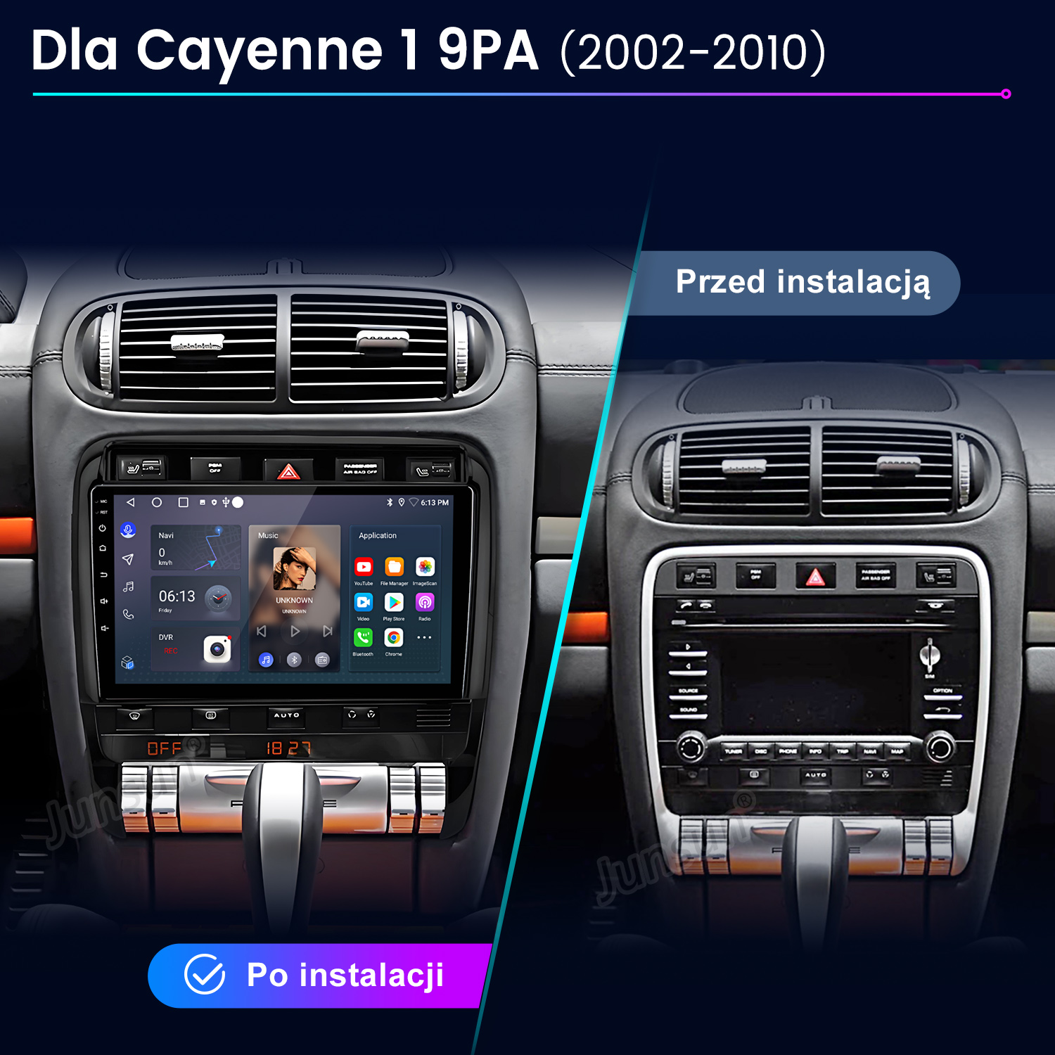 Porównanie deski rozdzielczej Porsche Cayenne 9PA przed i po instalacji nowego systemu infotainment.