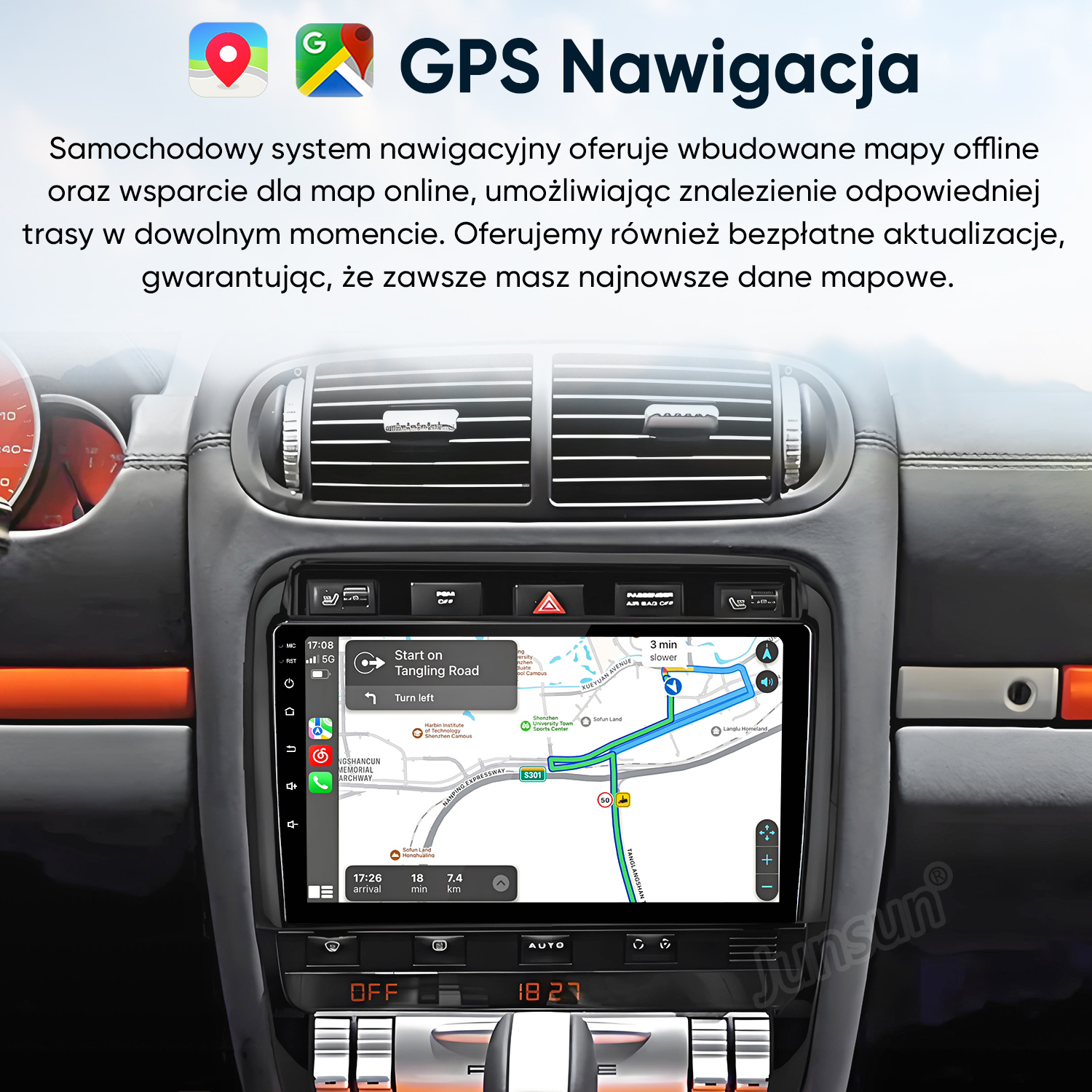 Wnętrze samochodu z ekranem nawigacji GPS pokazującym trasę. Tekst w języku polskim.
