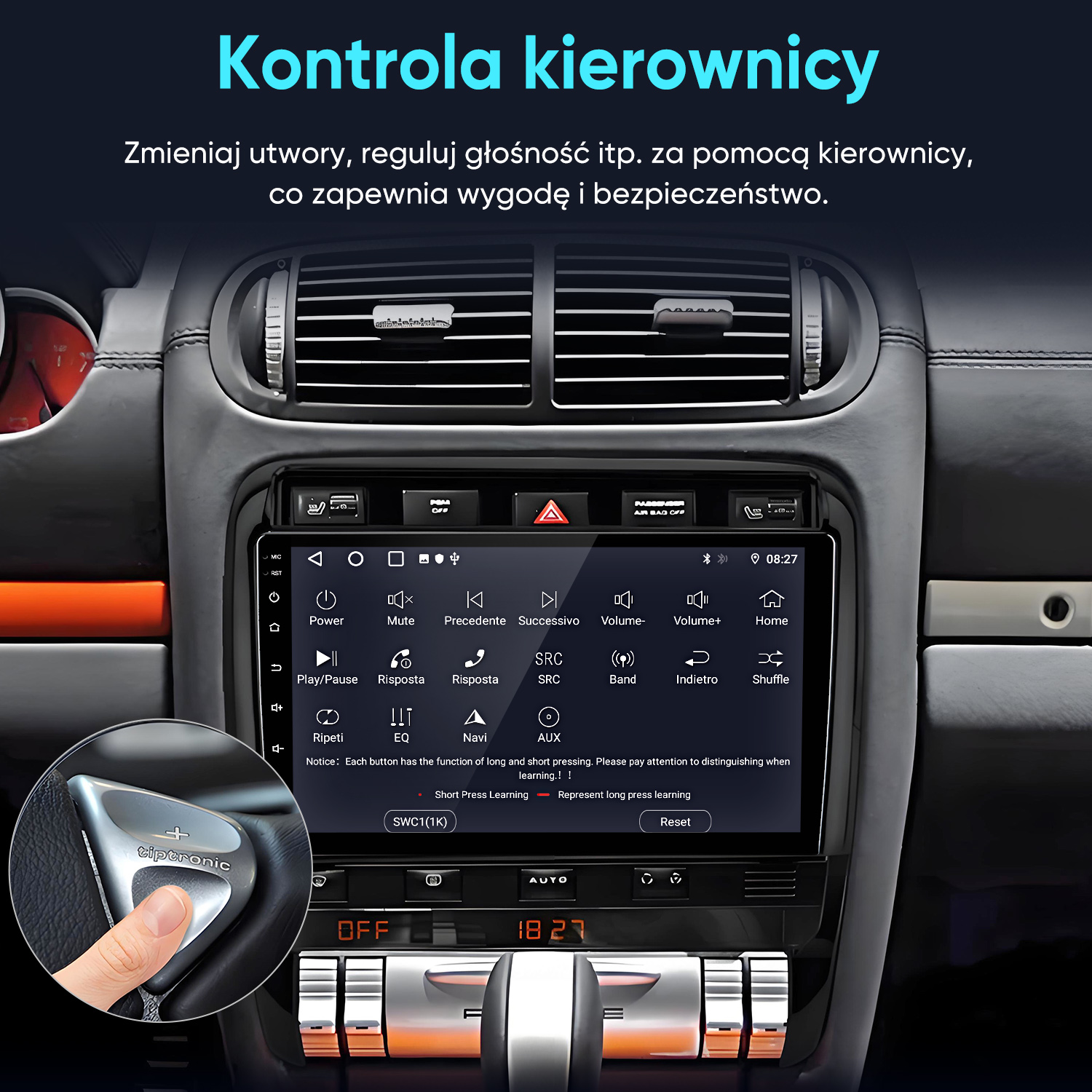Palec naciska łopatkę zmiany biegów Tiptronic w samochodzie, przed radiem z ekranem dotykowym.