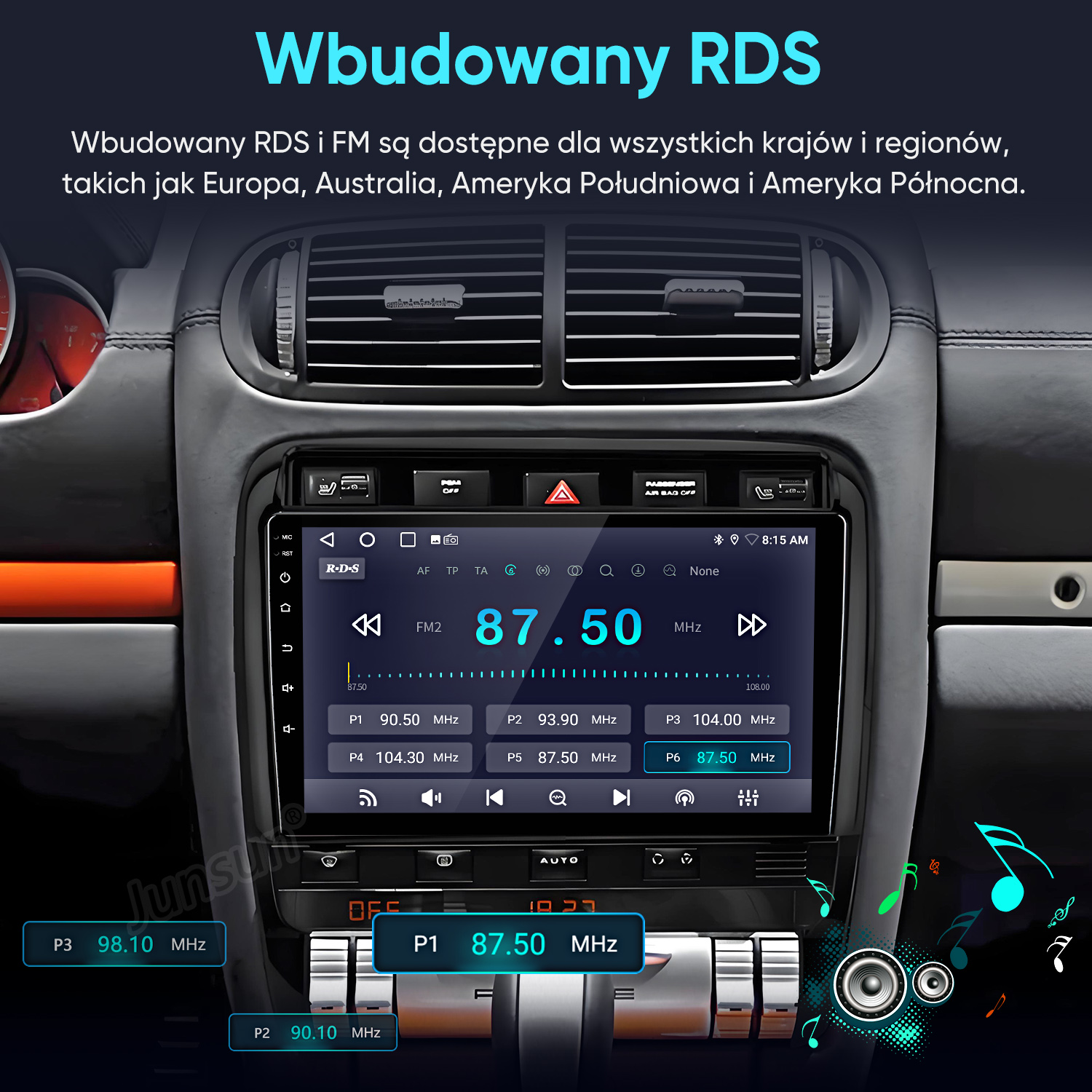 Radio samochodowe wyświetla FM2 na 87.50 MHz, z zaprogramowanymi stacjami.