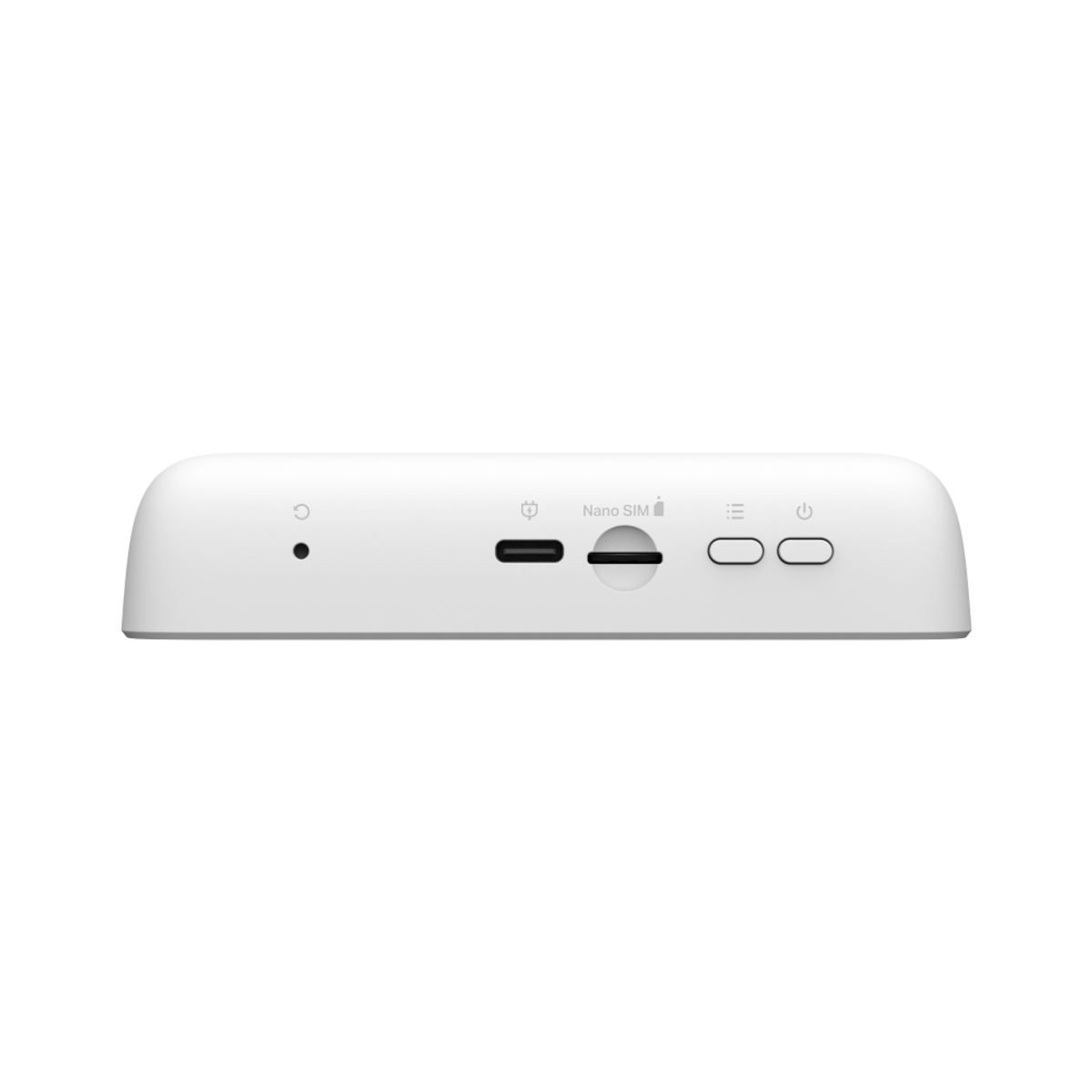 Dispositivo bianco con USB-C, slot Nano SIM, menu e pulsanti di accensione.