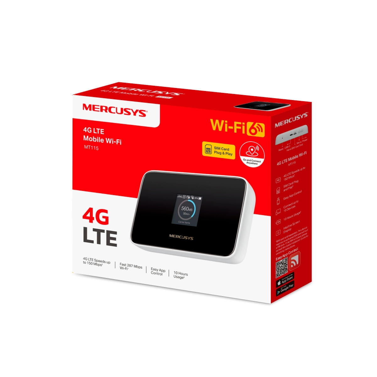 Confezione di un router Wi-Fi mobile 4G LTE MERCUSYS con display.