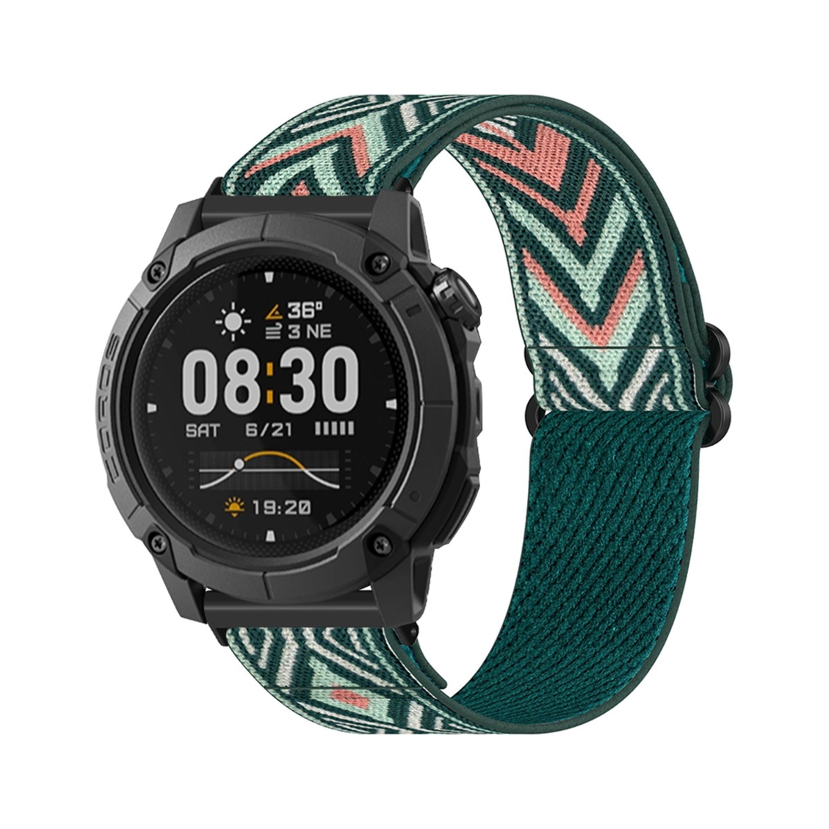 Czarny smartwatch z tekstylnym paskiem w geometryczne wzory.
