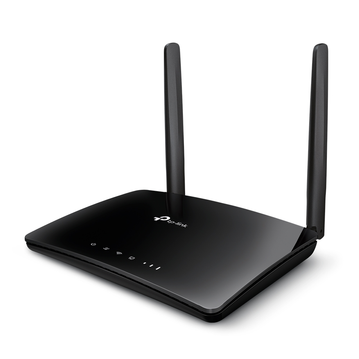 Un router Wi-Fi TP-Link negro con dos antenas e indicadores LED azules.