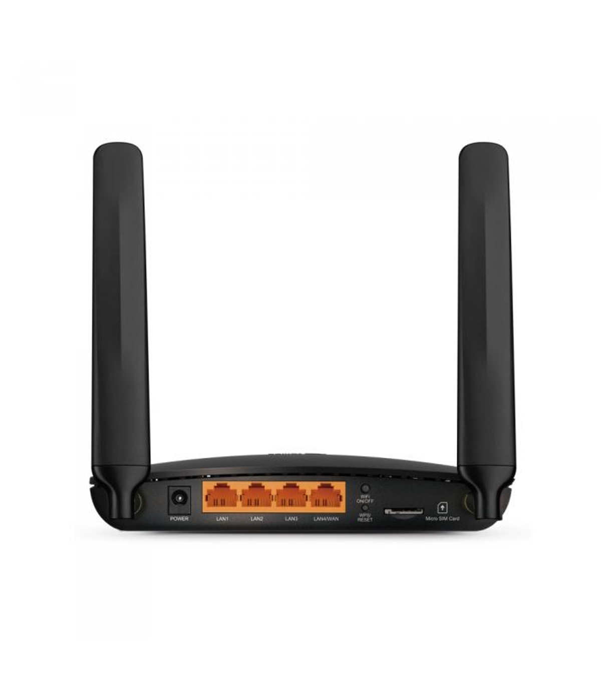 Router negro con dos antenas, puertos Ethernet y ranura para tarjeta SIM.