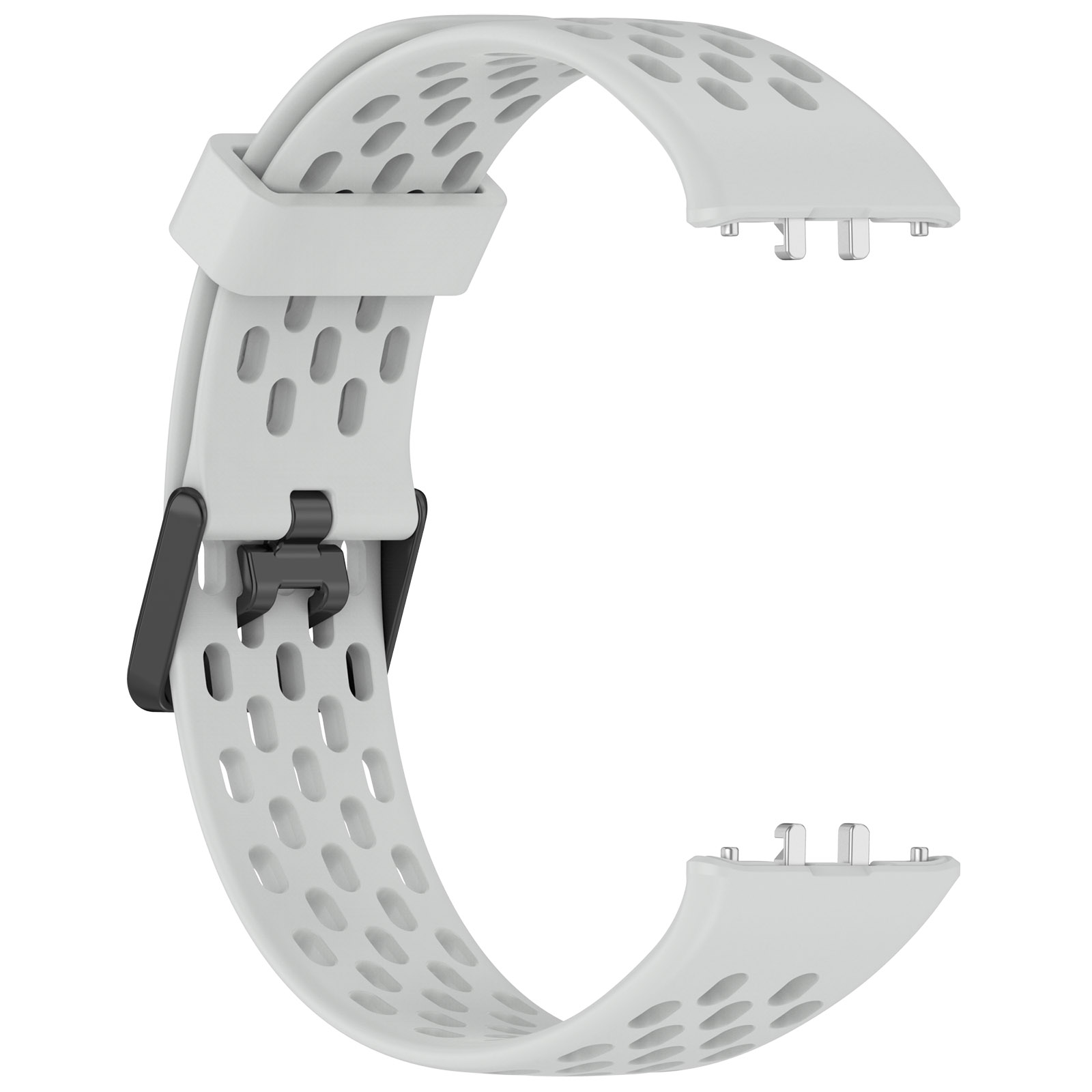 Ein weißes, perforiertes Armband mit schwarzem Verschluss, aus Silikon.