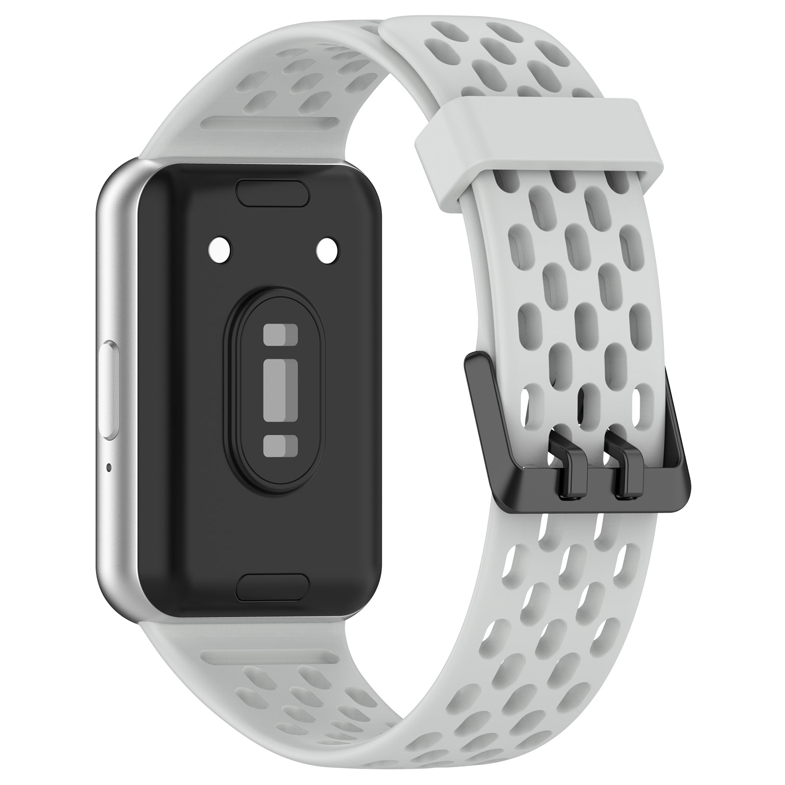 Graues Armband mit Lochmuster an einem schwarzen rechteckigen Gerät, silberner Rahmen.