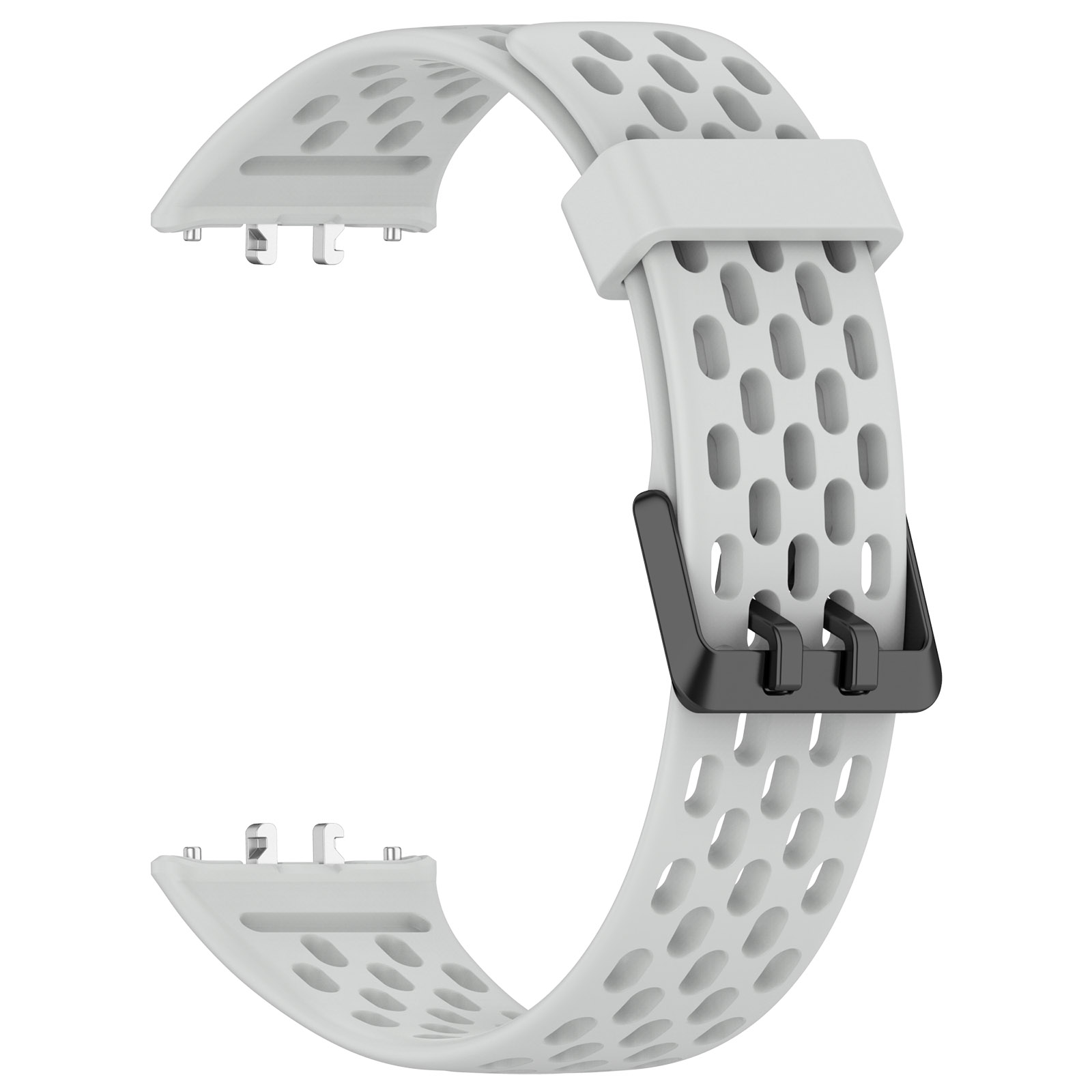Ein hellgraues Uhrenarmband mit ovalen Aussparungen und schwarzer Schnalle.