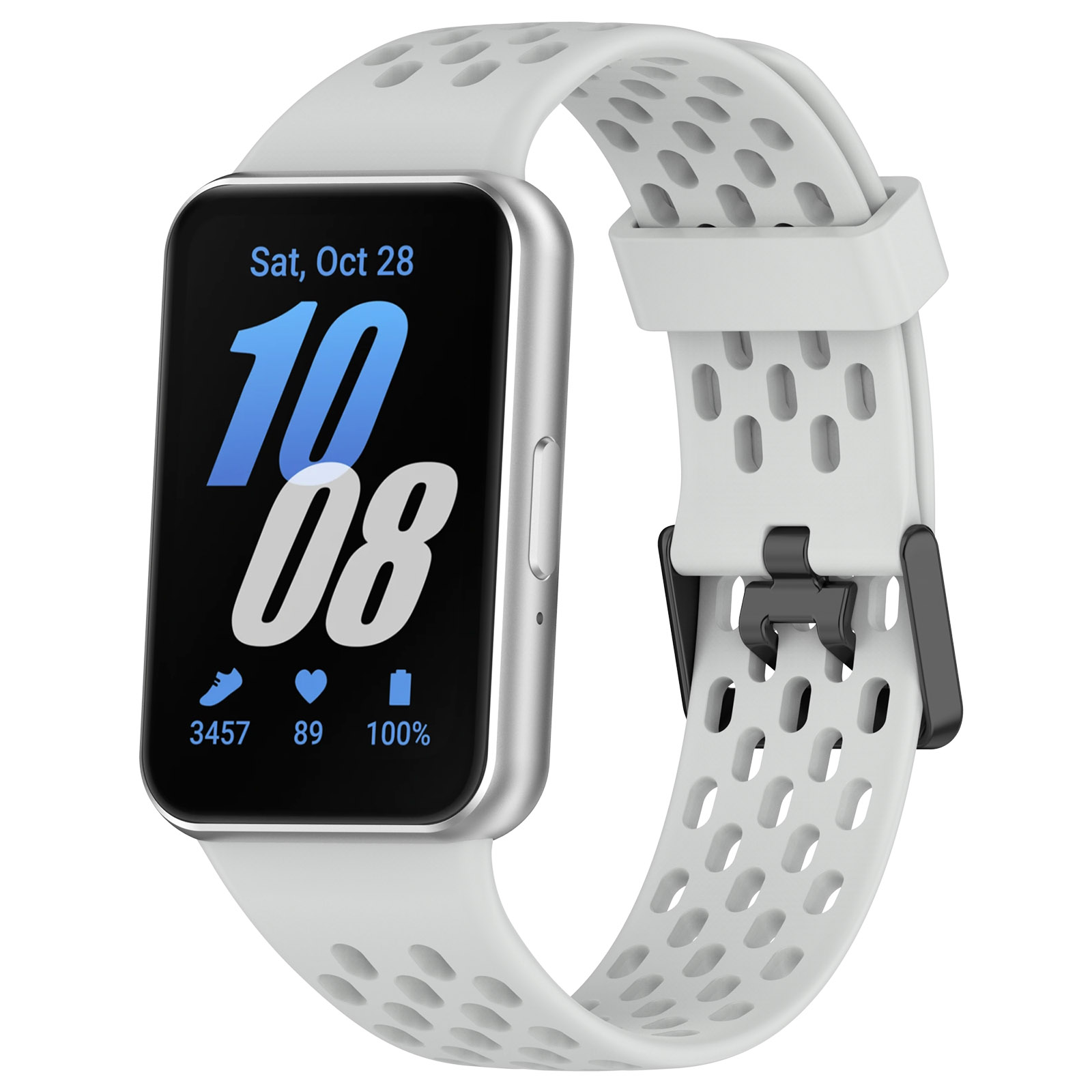 Eine weiße Smartwatch mit silbernem Rahmen zeigt Sa, 28. Okt, 10:08, 3457 Schritte, 89 Herzschläge, 100% Akku.