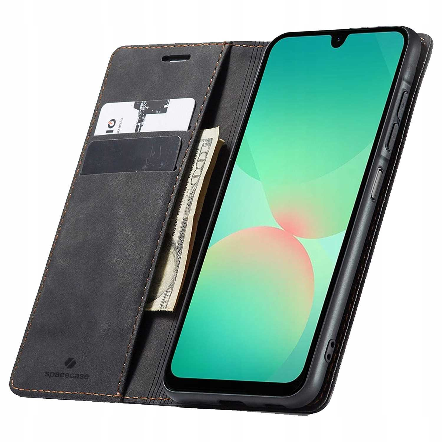 Czarne etui na telefon z klapką, miejscami na karty, banknotem i telefonem.