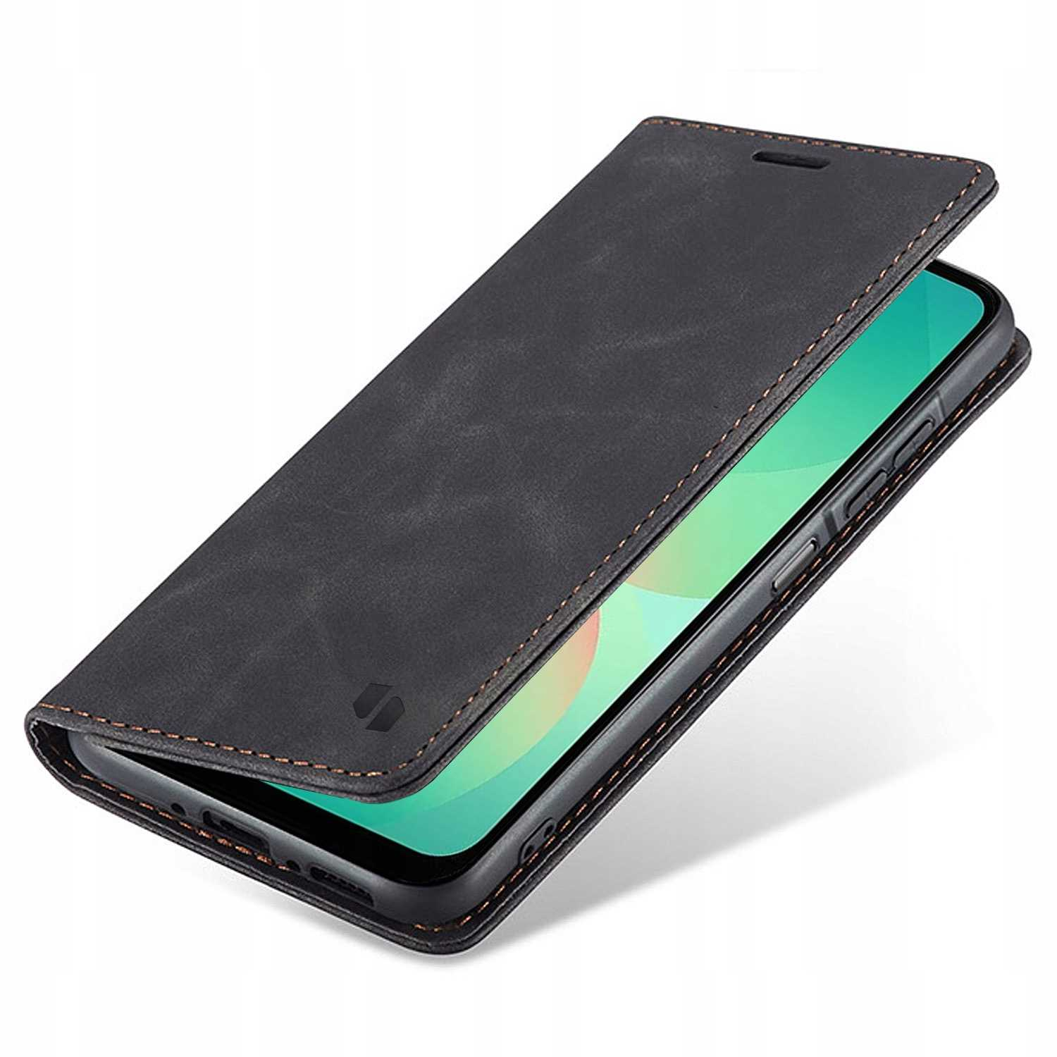 Czarny smartfon w otwartym czarnym skórzanym etui z klapką, widoczny ekran.