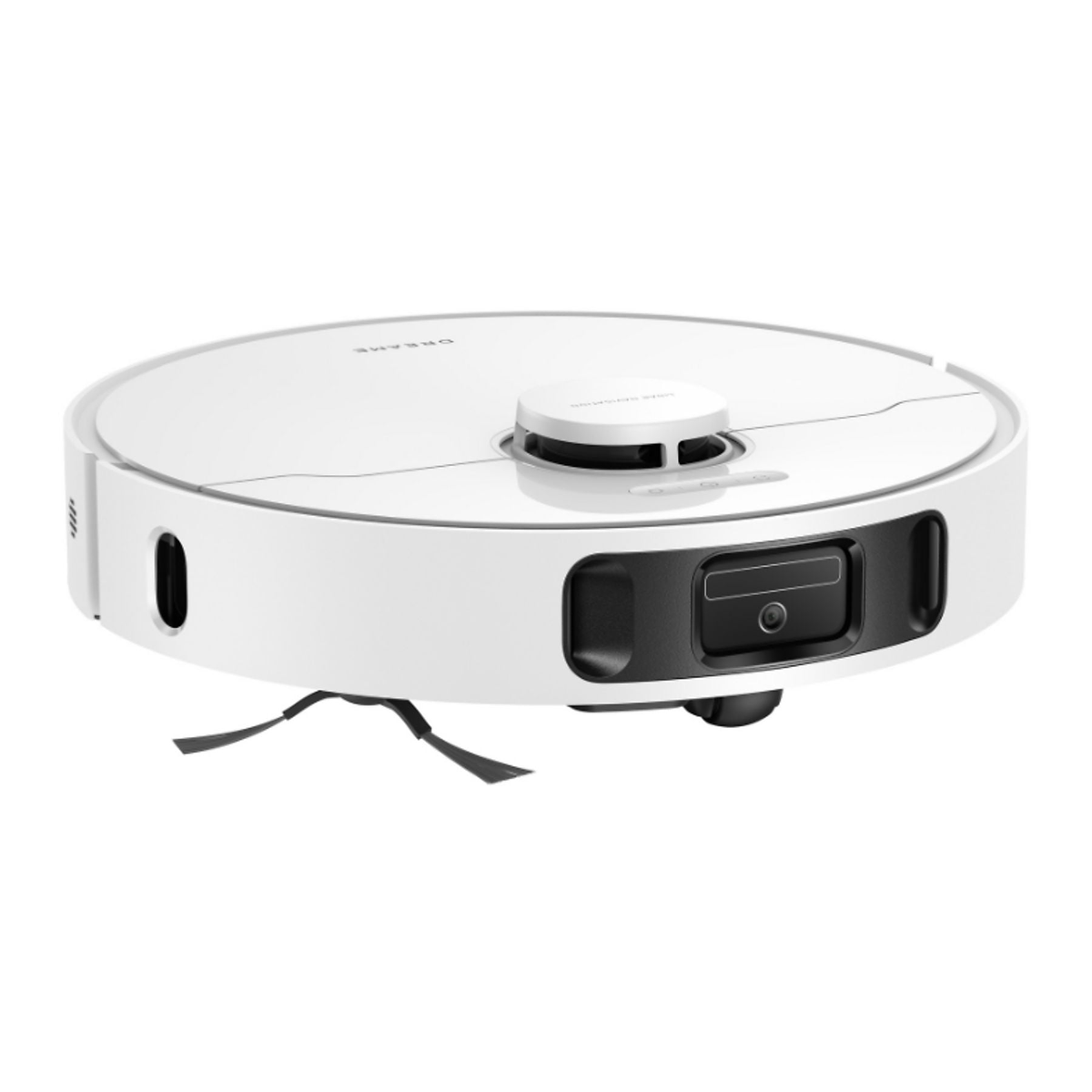 Un robot aspirapolvere bianco con accenti neri e spazzole rotanti.
