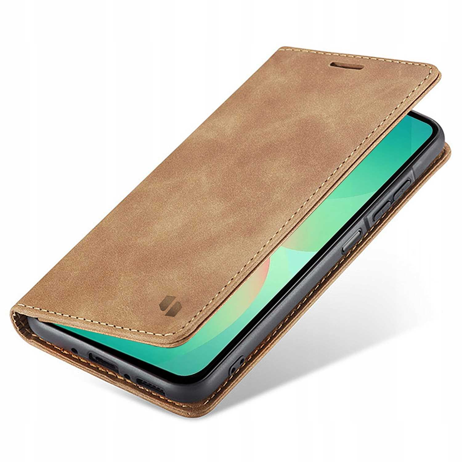 Brązowe etui portfelowe na telefon z otwartą klapką, pokazujące smartfon z zielonym ekranem.