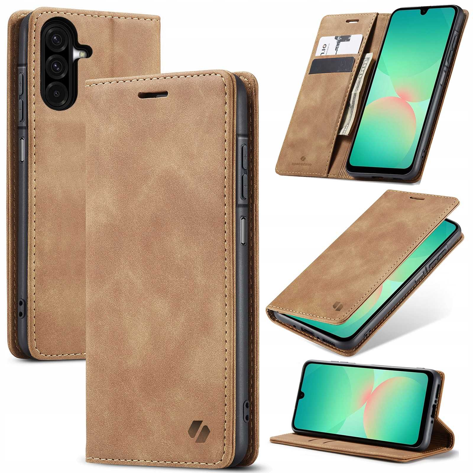 Brązowe etui na telefon z miejscem na karty i pieniądze, pokazujące smartfon.