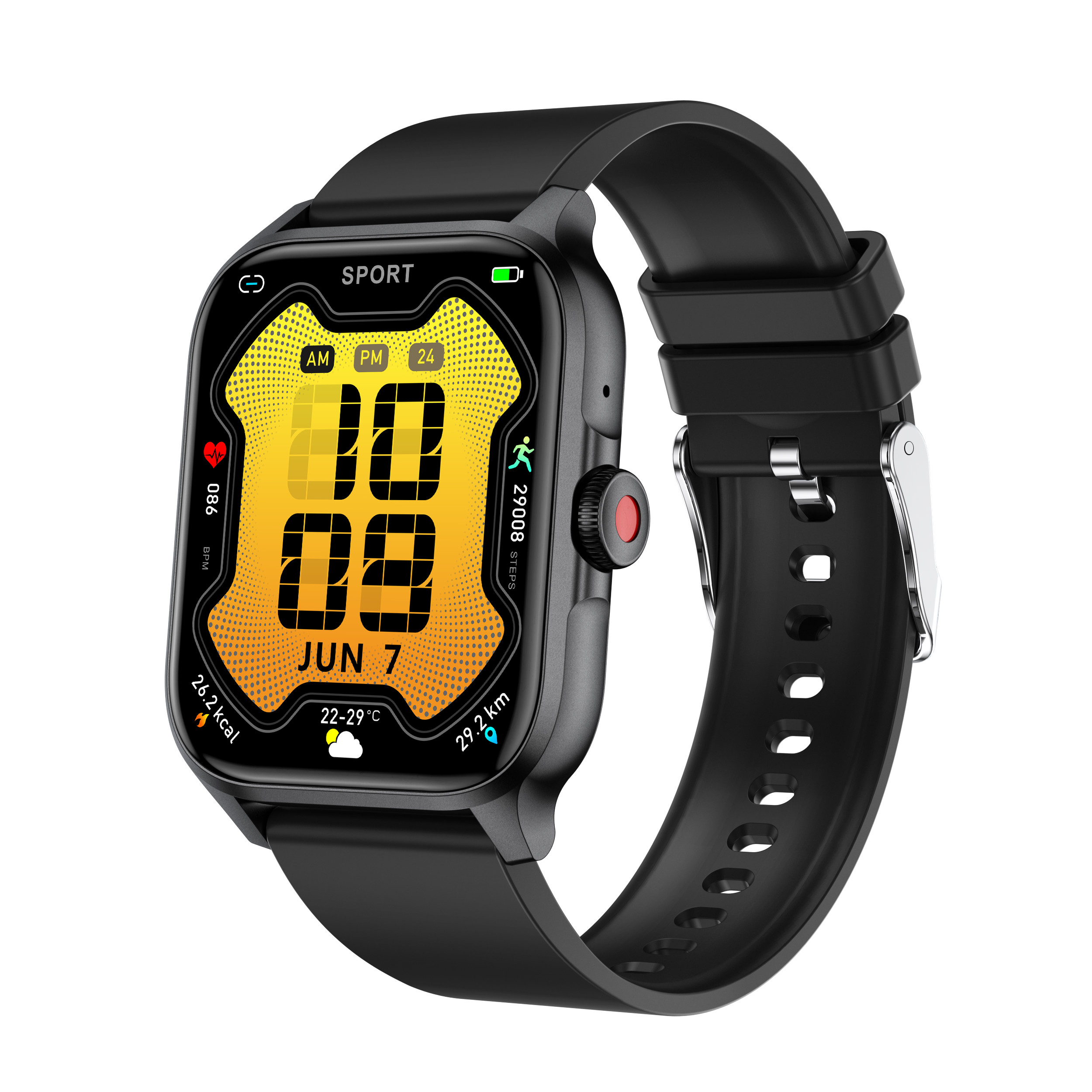 Czarny smartwatch z żółtym wyświetlaczem pokazuje datę, kroki, kalorie, tętno i temperaturę.