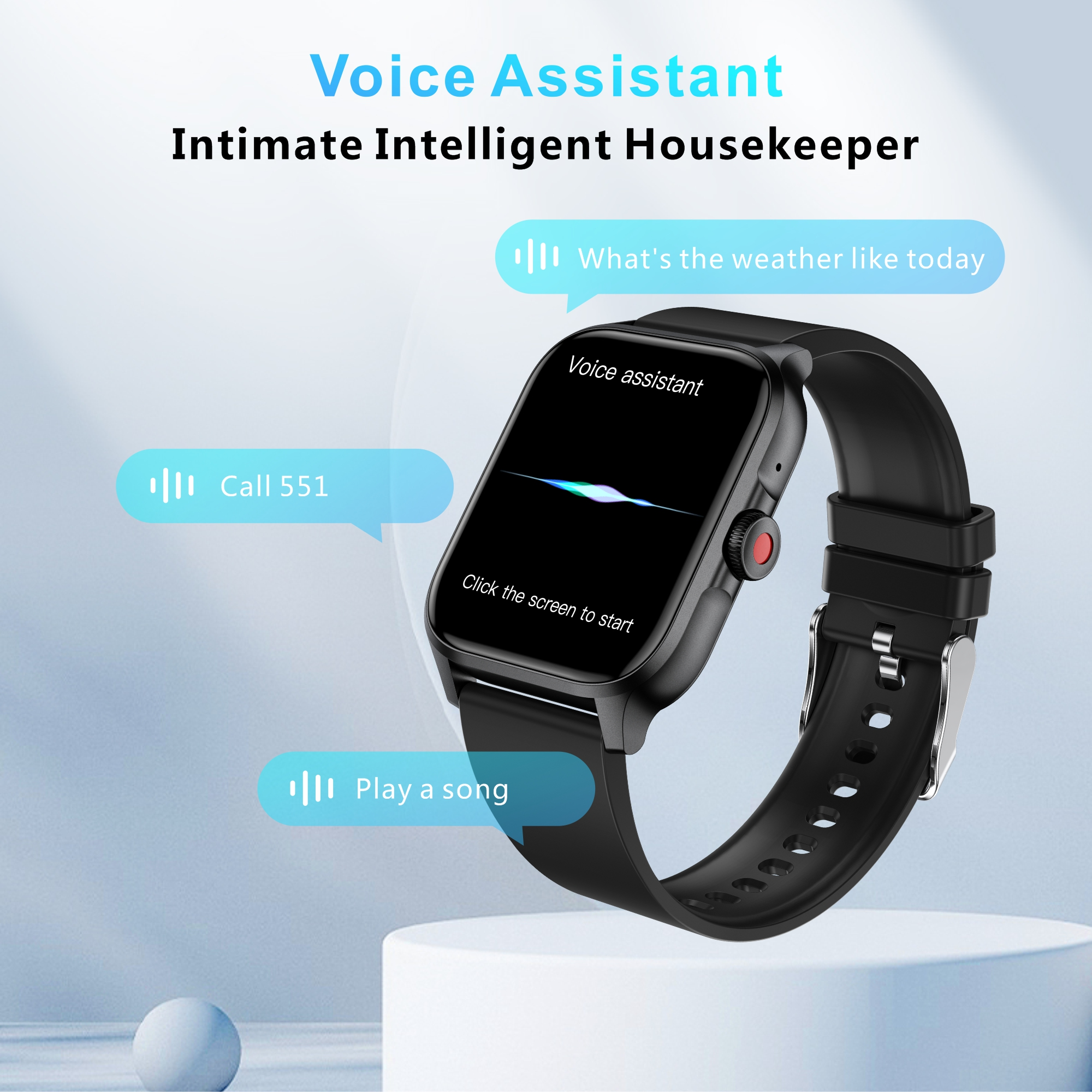 Czarny smartwatch z komunikatami asystenta głosowego dotyczącymi pogody, połączeń i muzyki.