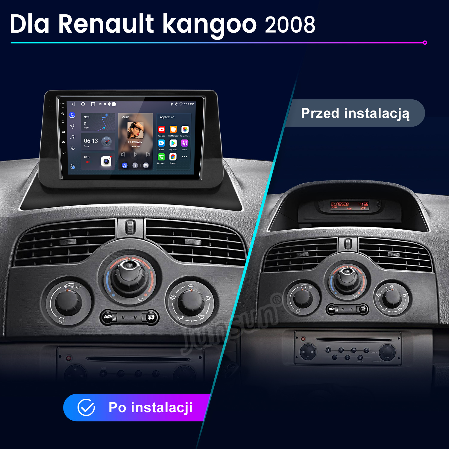 Porównanie przed i po instalacji radia samochodowego Renault Kangoo 2008.