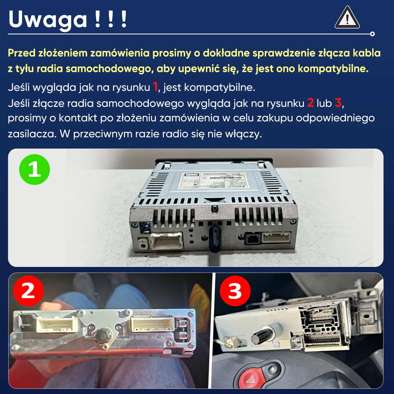 Tył radia samochodowego z różnymi złączami, oznaczone 1, 2 i 3.