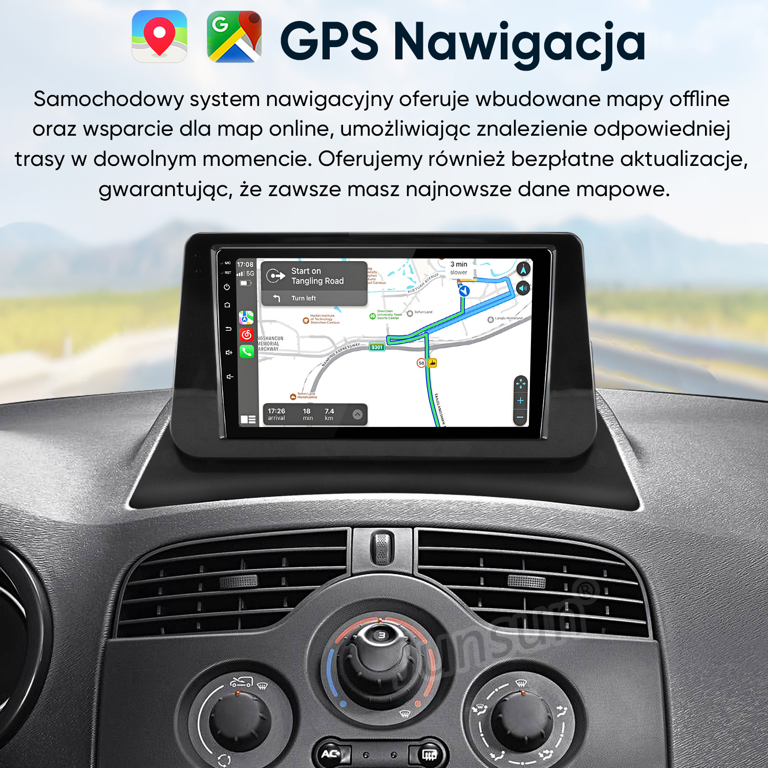 Samochodowy system nawigacji z mapą i elementami sterowania pojazdem.