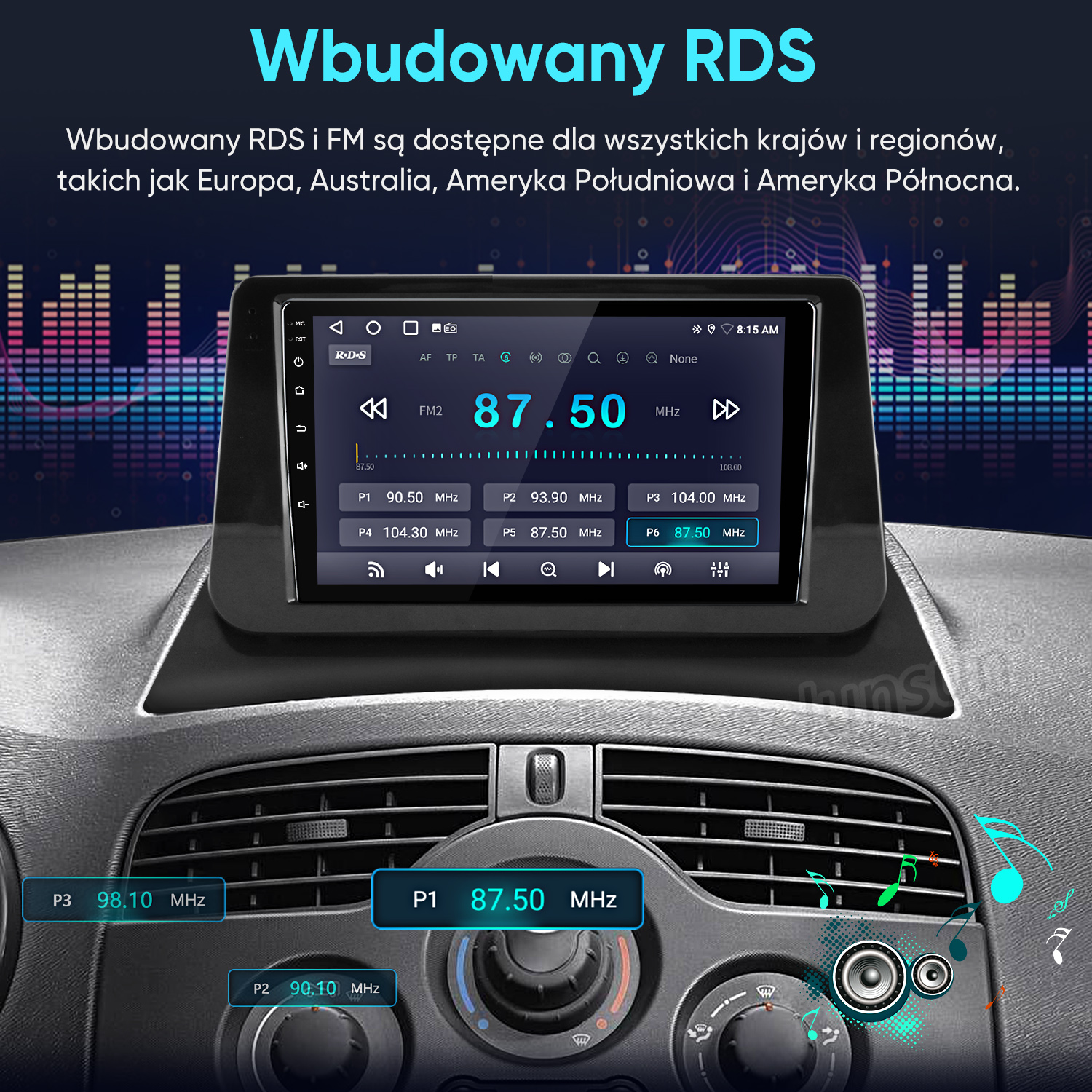 Ekran radia samochodowego wyświetla radio FM RDS z częstotliwościami i ustawieniami.