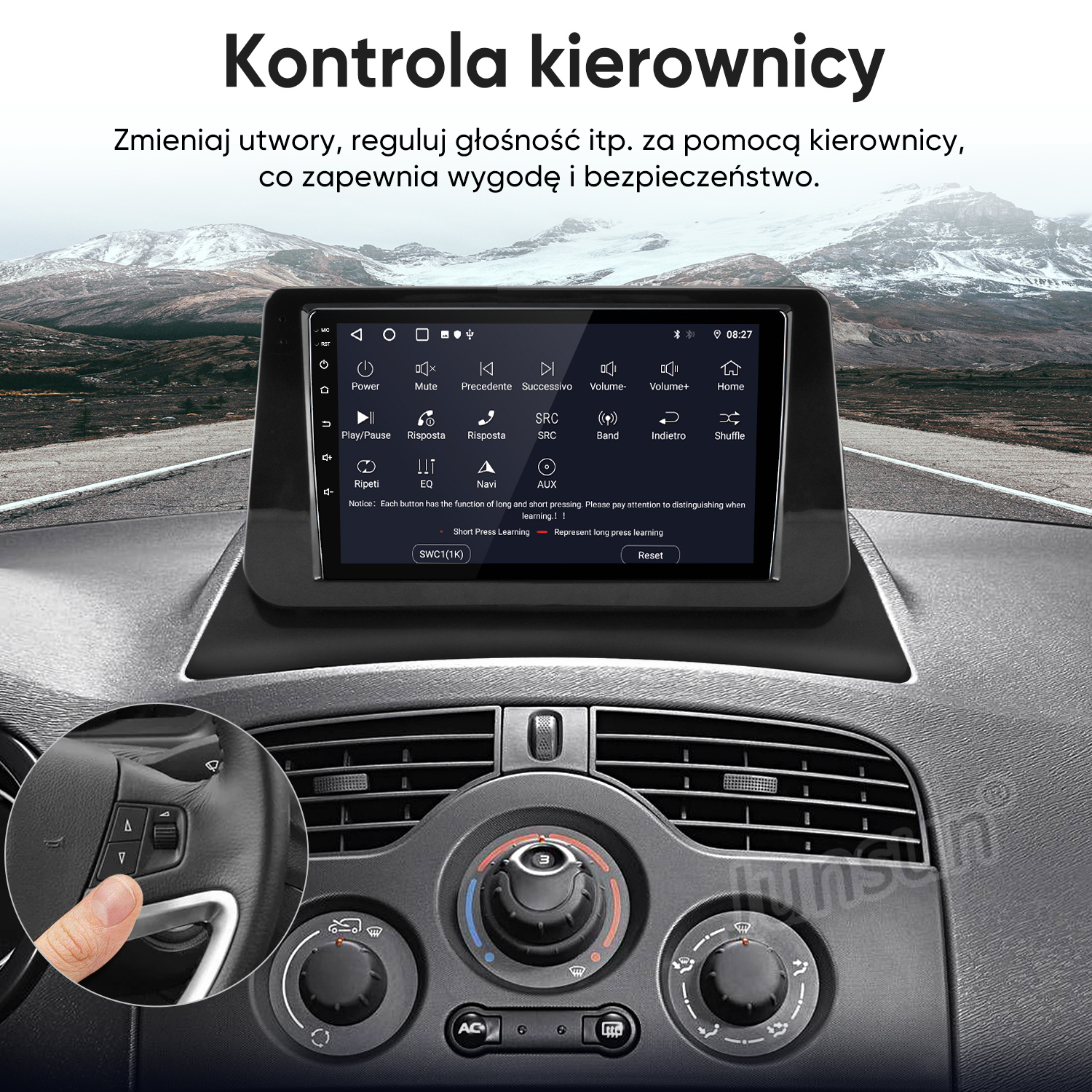 Deska rozdzielcza samochodu z ekranem dotykowym i przyciskami na kierownicy.