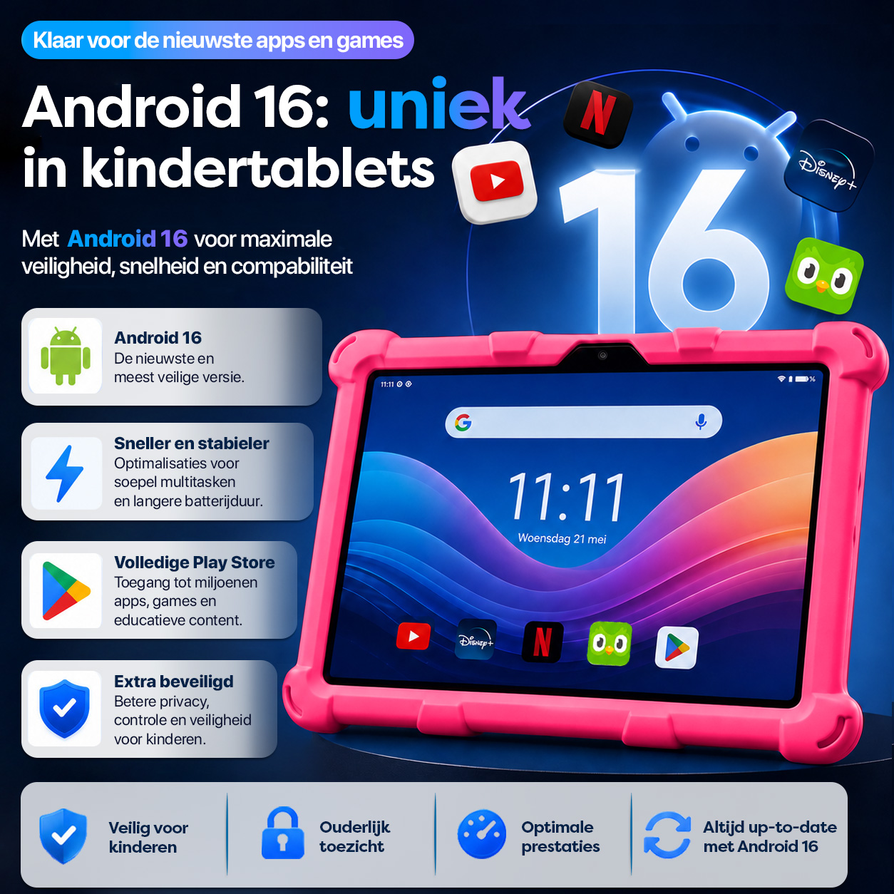 Android 16 auf einem pinken Tablet mit App-Symbolen und Funktionen.