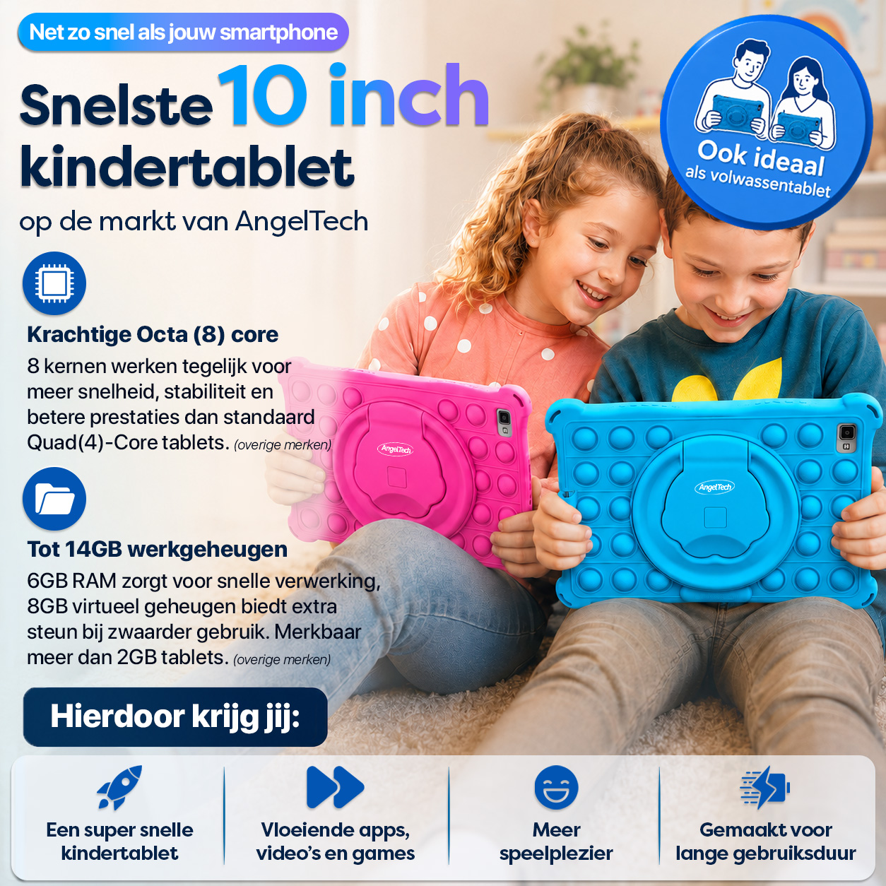 Zwei Kinder halten Tablets in den Händen, eines pink, eines blau. Text hebt Leistung hervor.