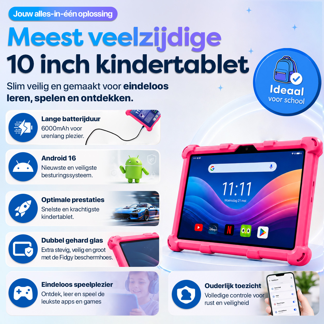 Pink 10-inch Kindertablet mit Android 16, langer Akkulaufzeit und vielen Funktionen.