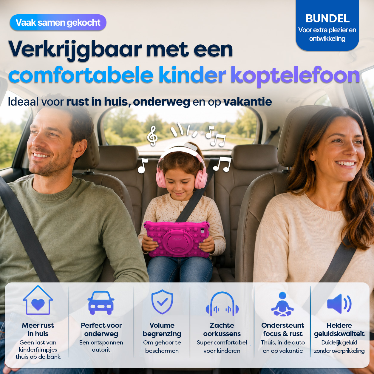 Familie im Auto: Vater, Mutter und Kind mit Kopfhörern. Kind spielt Tablet.