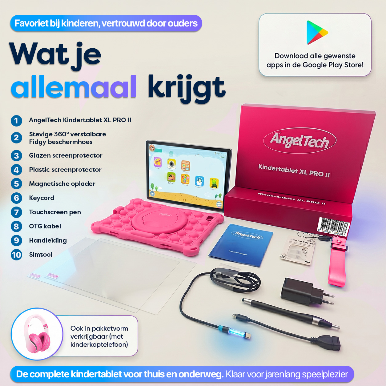 Inhalt der AngelTech Kindertablet XL PRO II Box: Tablet, Hülle, Zubehör.
