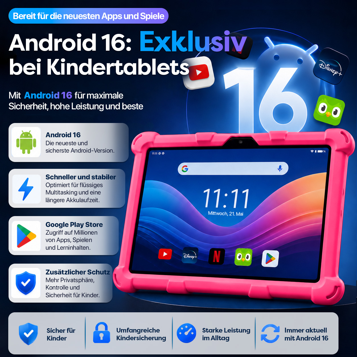 Kindertablet mit Android 16, pinker Hülle, und App-Icons.
