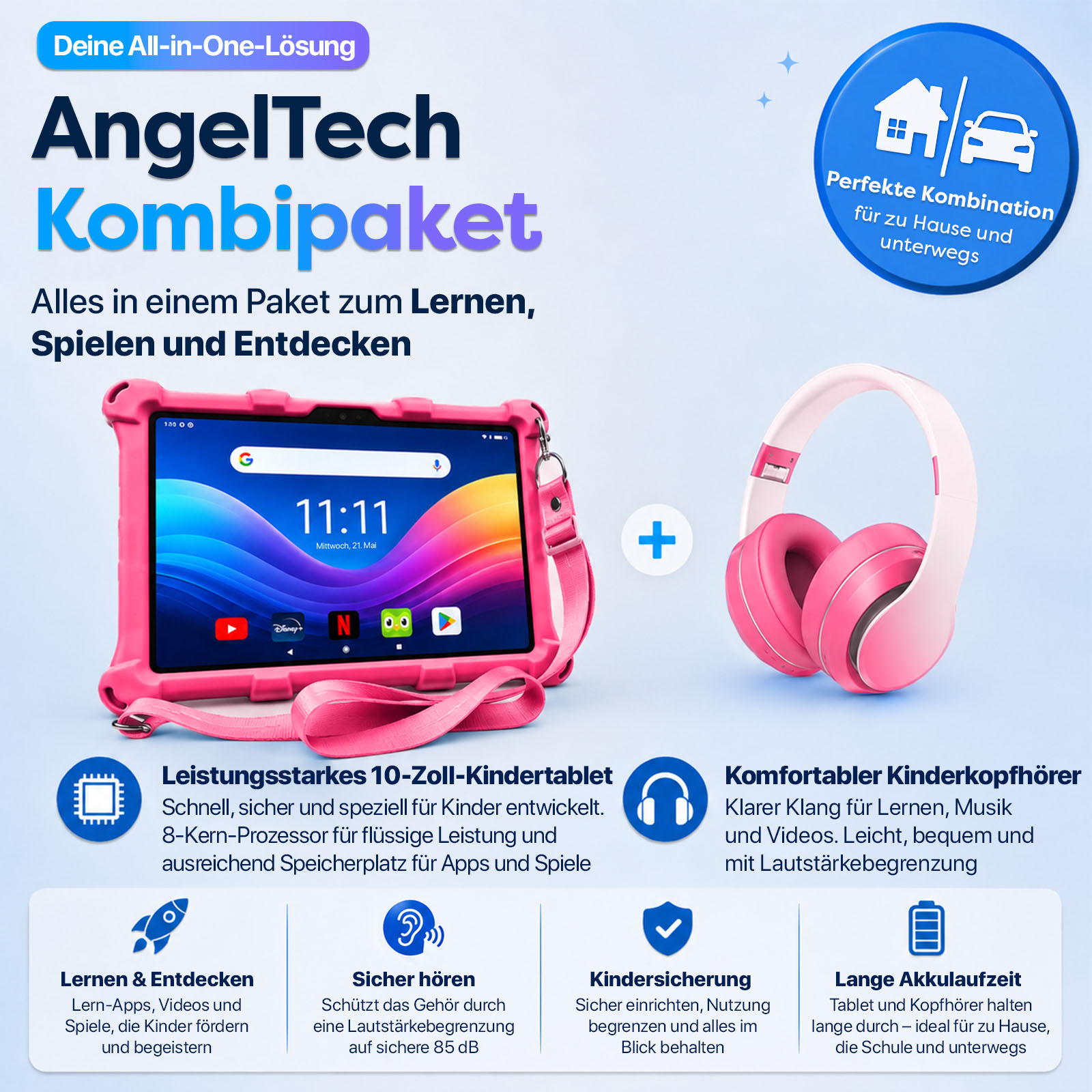 AngelTech Kombipaket: 10-Zoll-Kindertablet und Kopfhörer für Lernen, Spielen, Zuhause & Unterwegs.