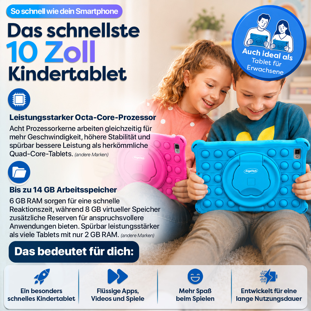 Zwei Kinder halten bunte Tablets. Ein blauer und ein pinker.